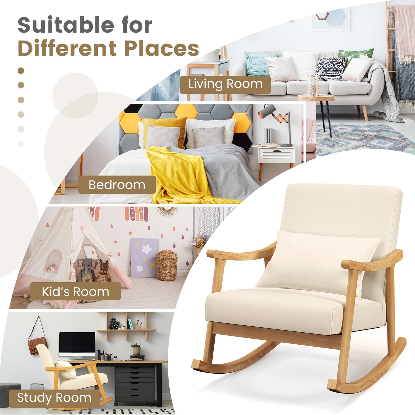 Accent Rocking Chair with Ergonomic Back and Pillow Support Beige