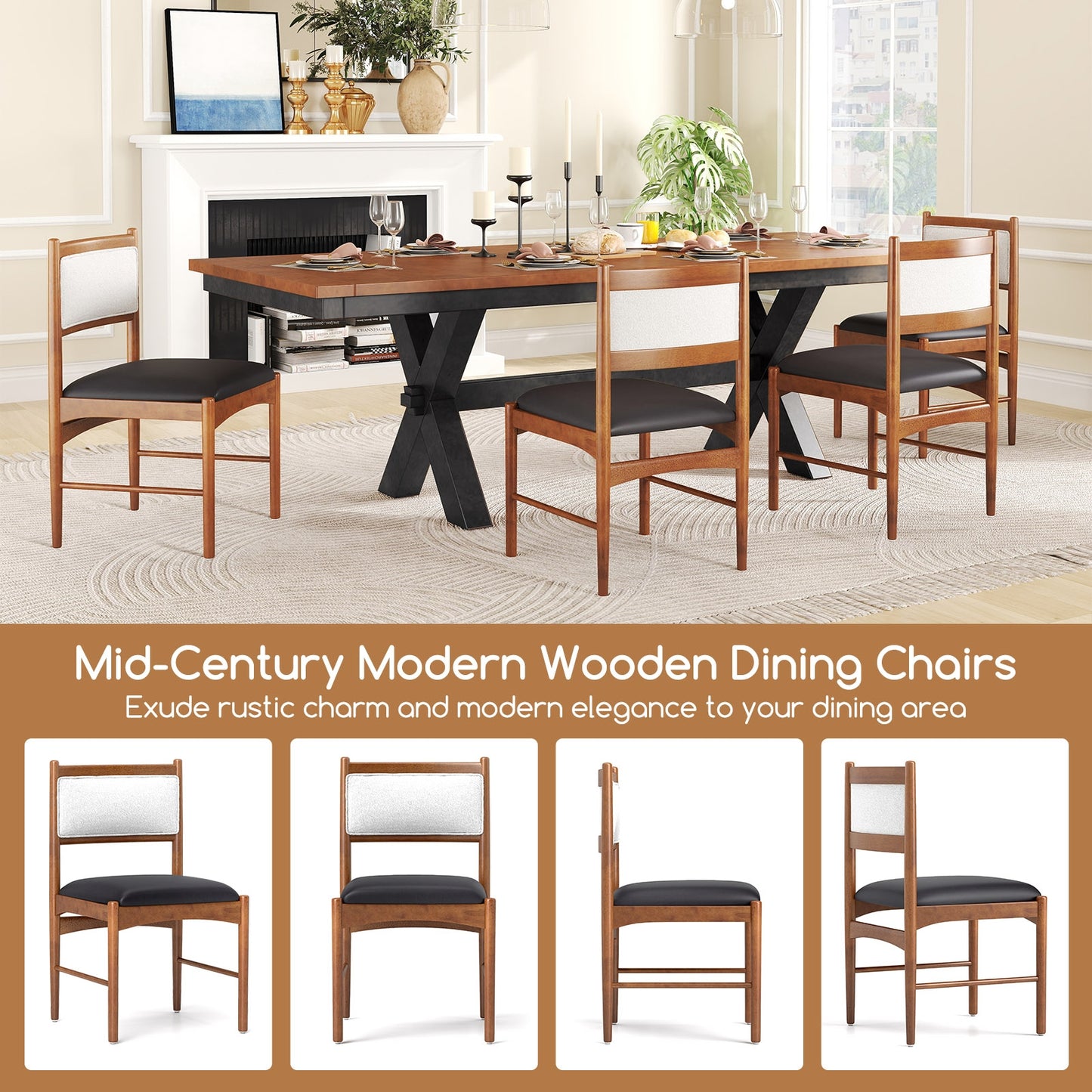Elegant Wooden Dining Chairs Set of 2 with Rubber Wood Frame and Plush Faux Sherpa Backrest
