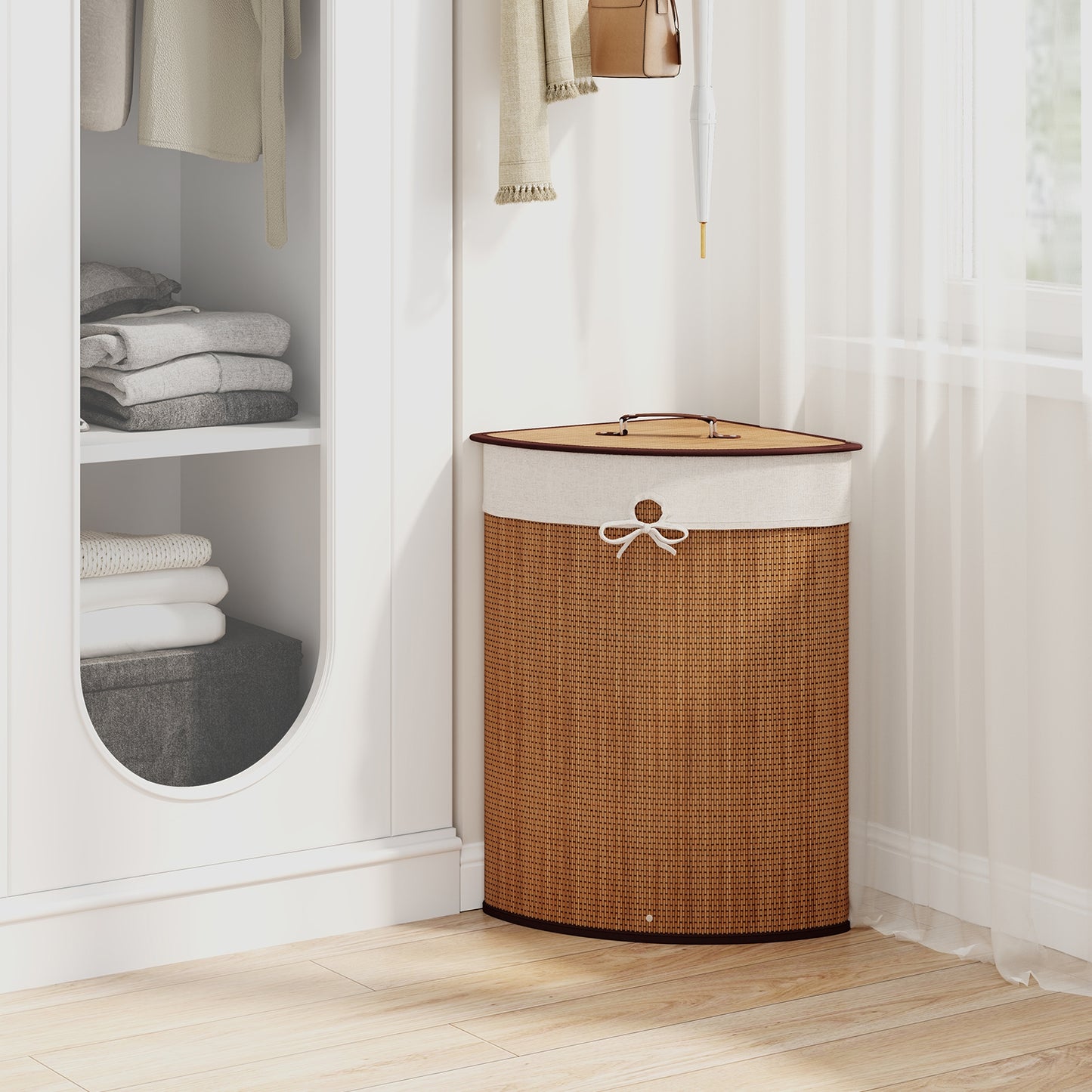 Stylish Bamboo Laundry Basket with Lid and PU Leather Handles