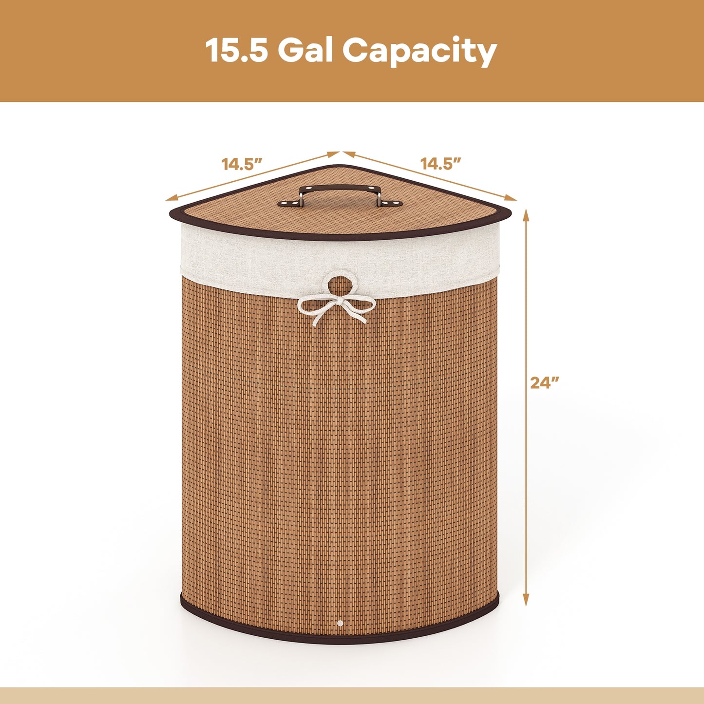 Stylish Bamboo Laundry Basket with Lid and PU Leather Handles
