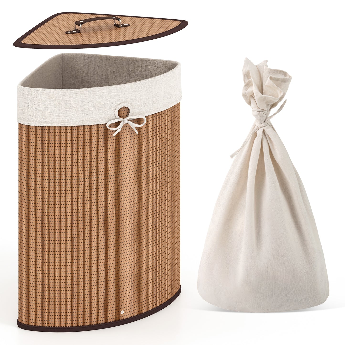 Stylish Bamboo Laundry Basket with Lid and PU Leather Handles
