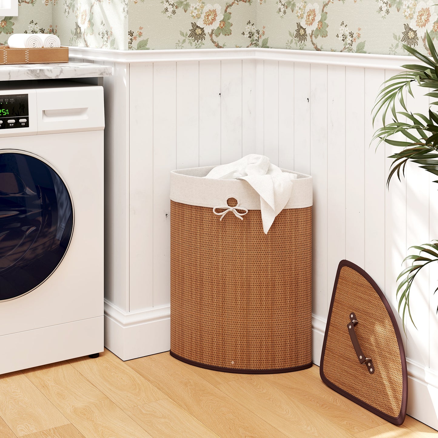 Stylish Bamboo Laundry Basket with Lid and PU Leather Handles