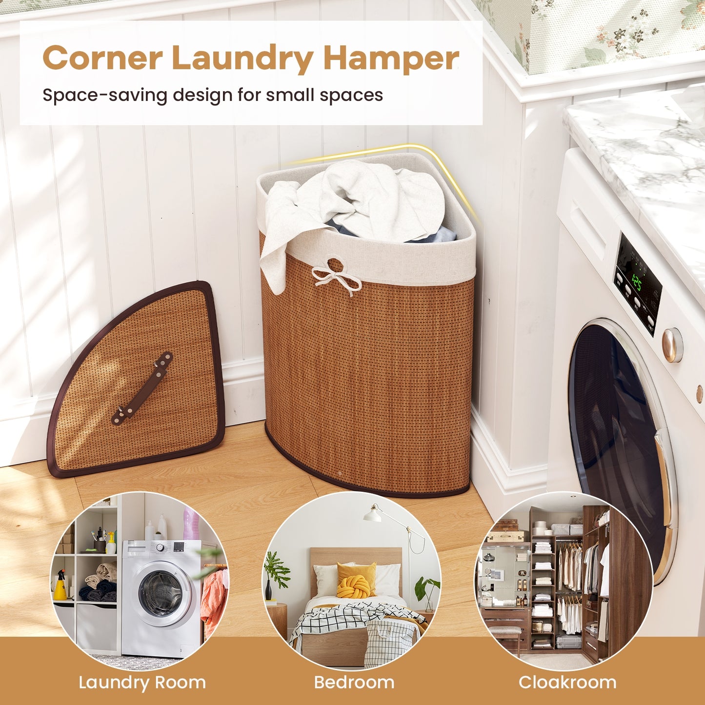 Stylish Bamboo Laundry Basket with Lid and PU Leather Handles