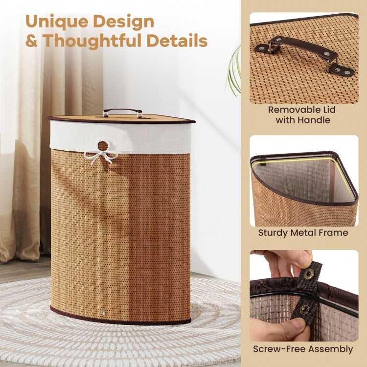 Stylish Bamboo Laundry Basket with Lid and PU Leather Handles
