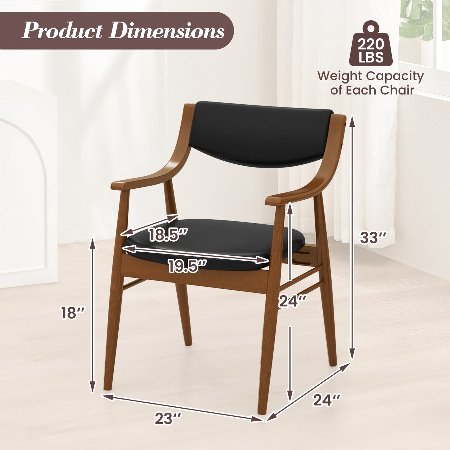 Modern Wood Dining Chairs with PU Leather Upholstery and Curved Back Black Set of 2