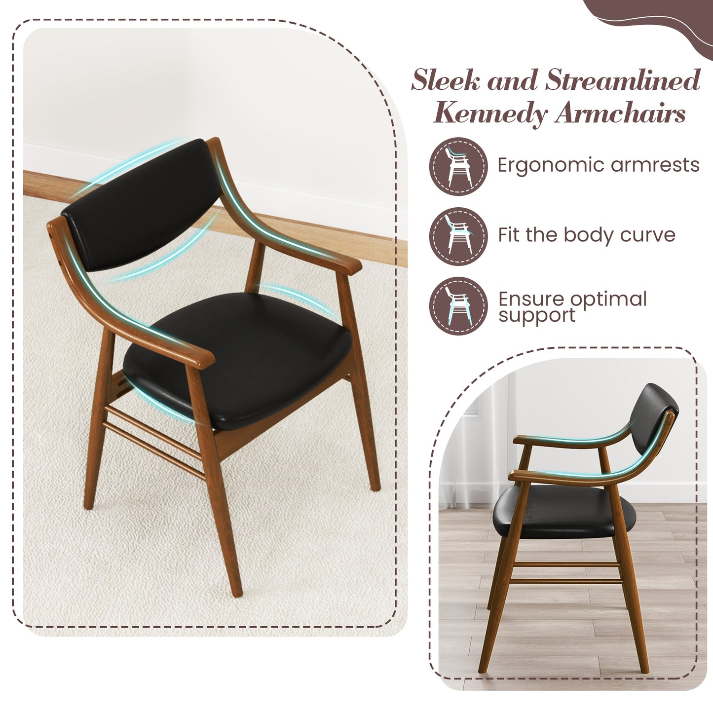 Modern Wood Dining Chairs with PU Leather Upholstery and Curved Back Black Set of 2