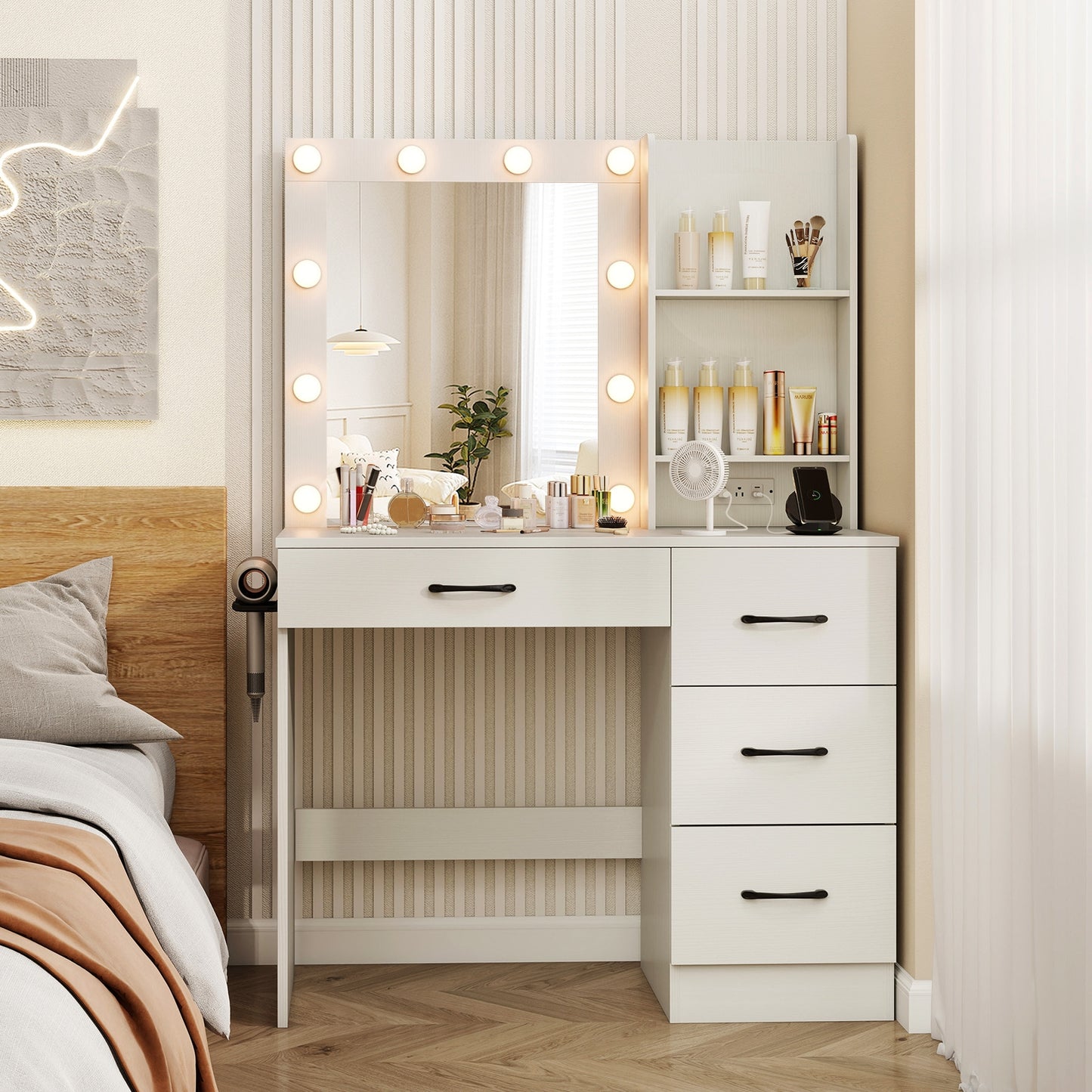 White Makeup Vanity with Mirror, Adjustable LED Lights, Charging Ports, and Storage Drawers