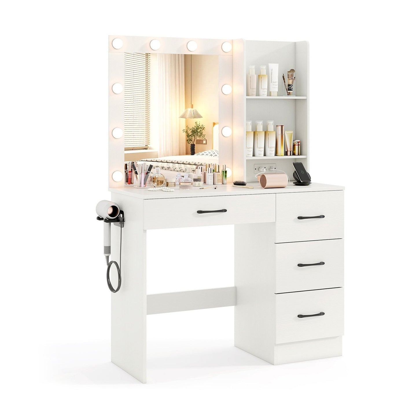 White Makeup Vanity with Mirror, Adjustable LED Lights, Charging Ports, and Storage Drawers