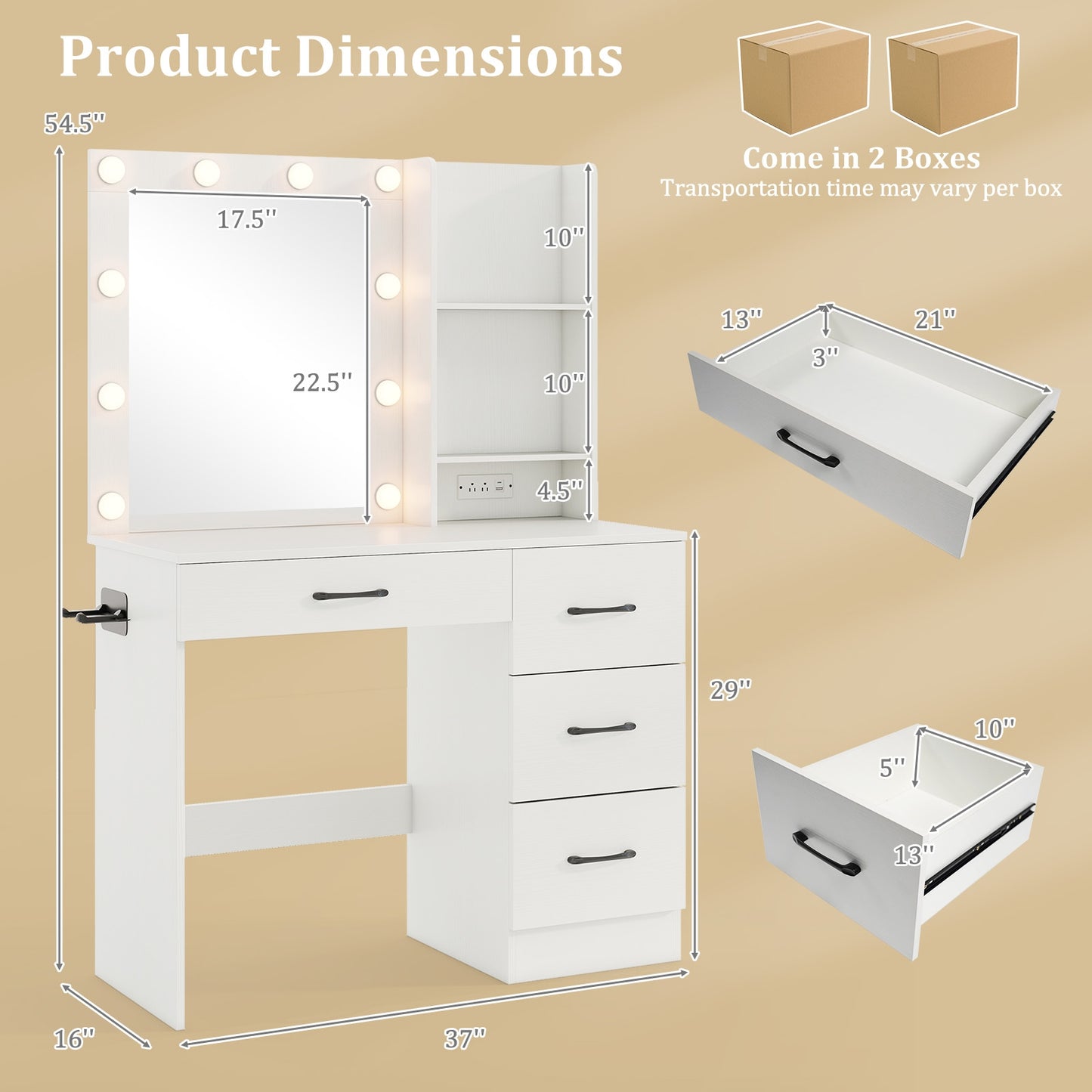 White Makeup Vanity with Mirror, Adjustable LED Lights, Charging Ports, and Storage Drawers