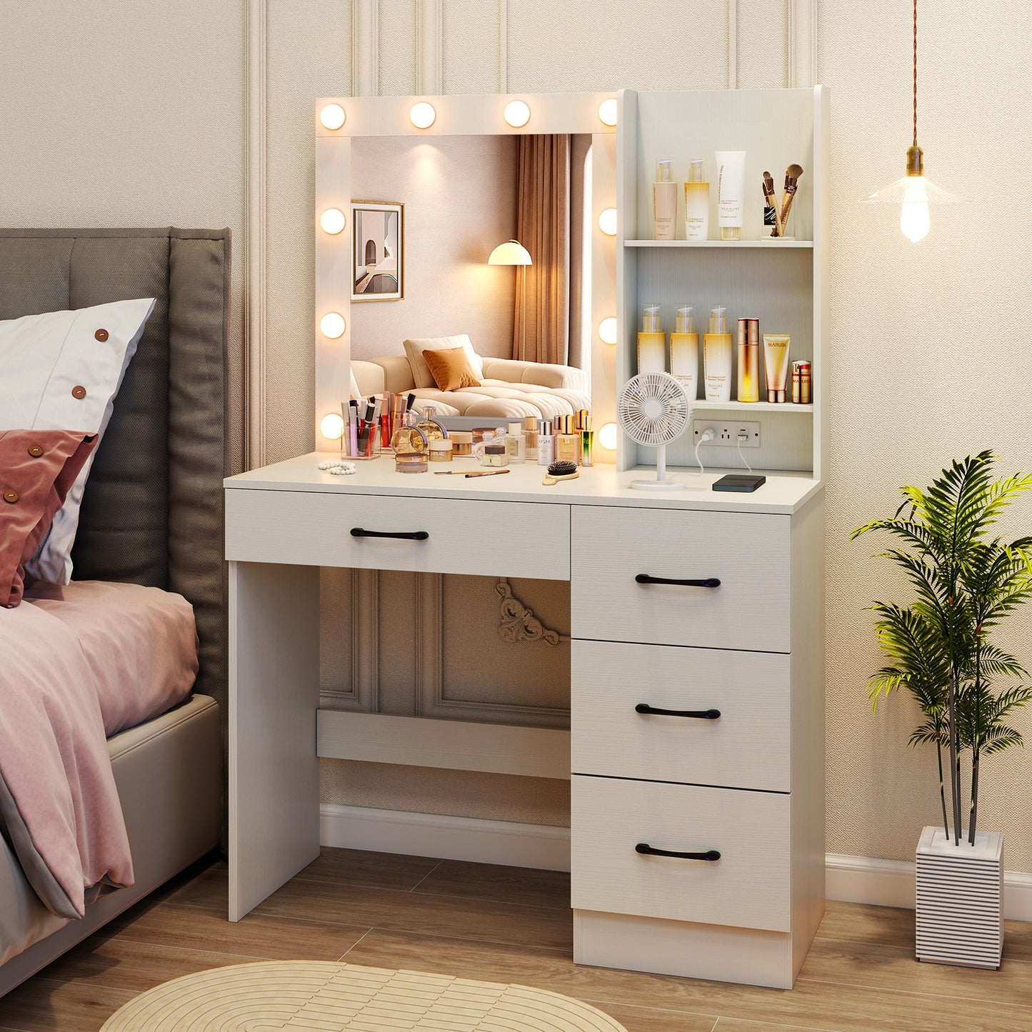 White Makeup Vanity with Mirror, Adjustable LED Lights, Charging Ports, and Storage Drawers