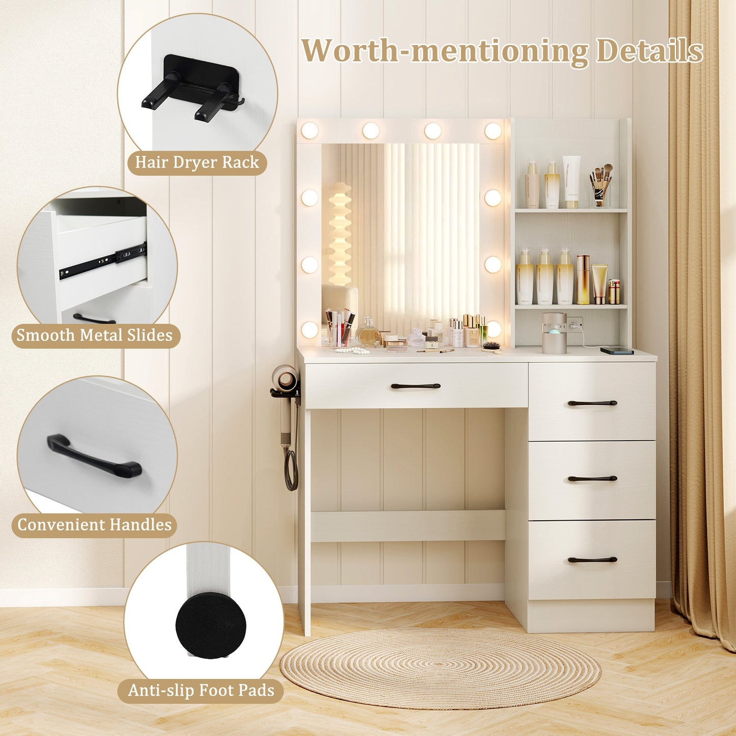White Makeup Vanity with Mirror, Adjustable LED Lights, Charging Ports, and Storage Drawers