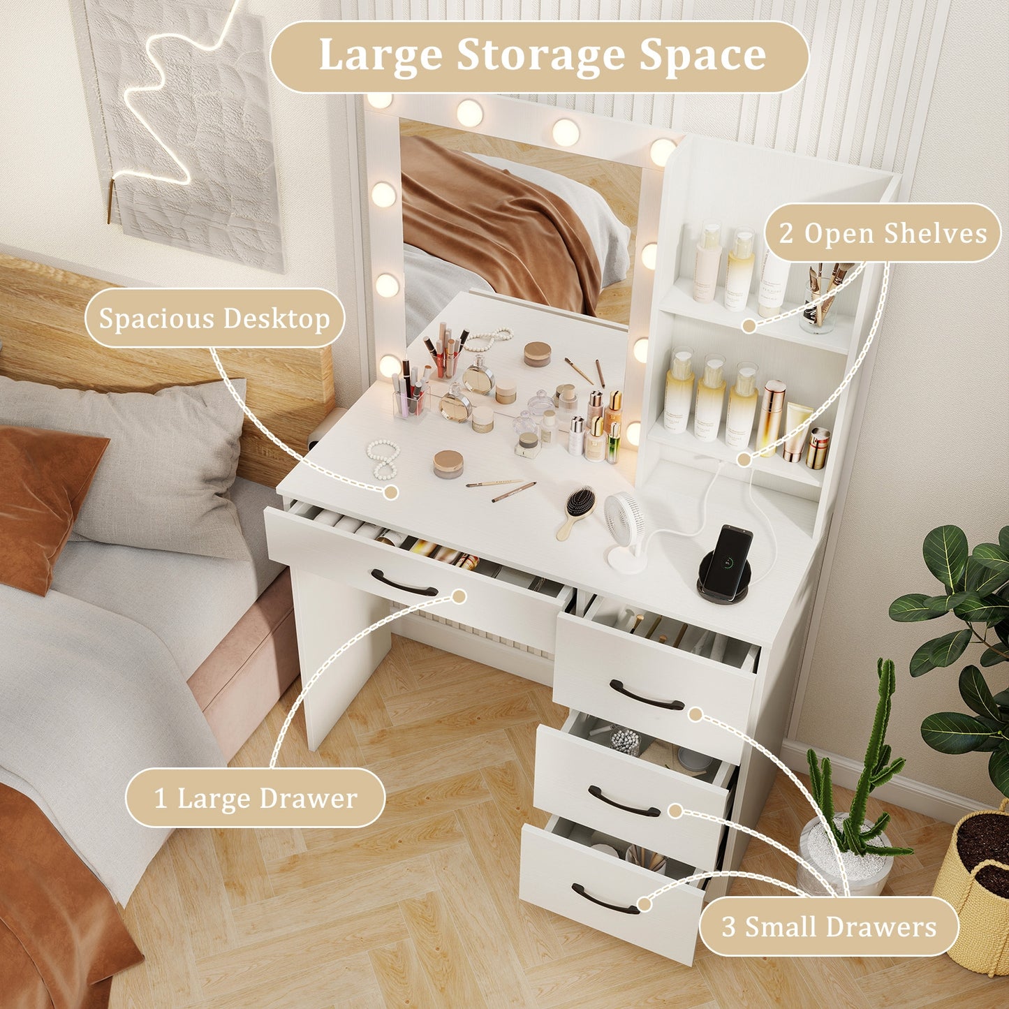 White Makeup Vanity with Mirror, Adjustable LED Lights, Charging Ports, and Storage Drawers