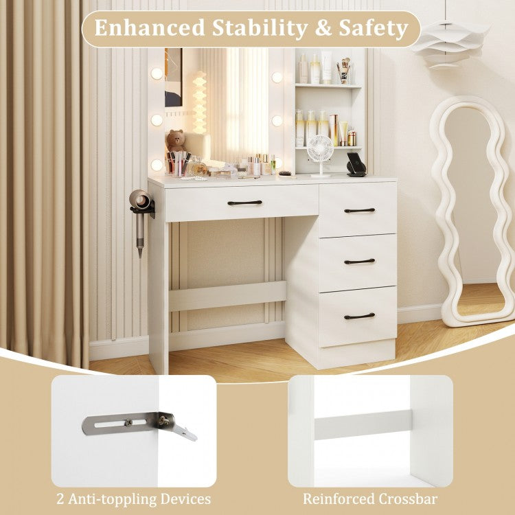 White Makeup Vanity with Mirror, Adjustable LED Lights, Charging Ports, and Storage Drawers