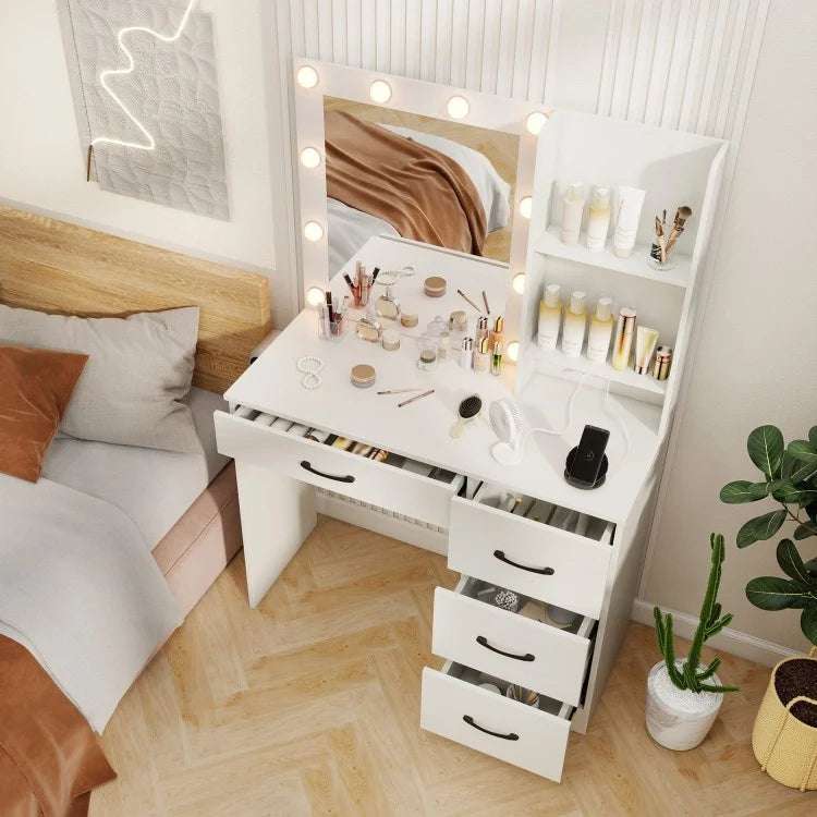 White Makeup Vanity with Mirror, Adjustable LED Lights, Charging Ports, and Storage Drawers
