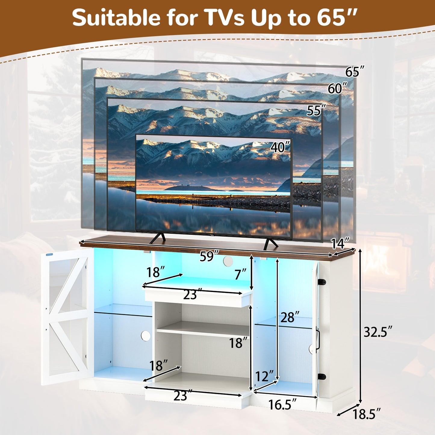 LED Media Console with Adjustable Shelves for TVs up to 65 Inches