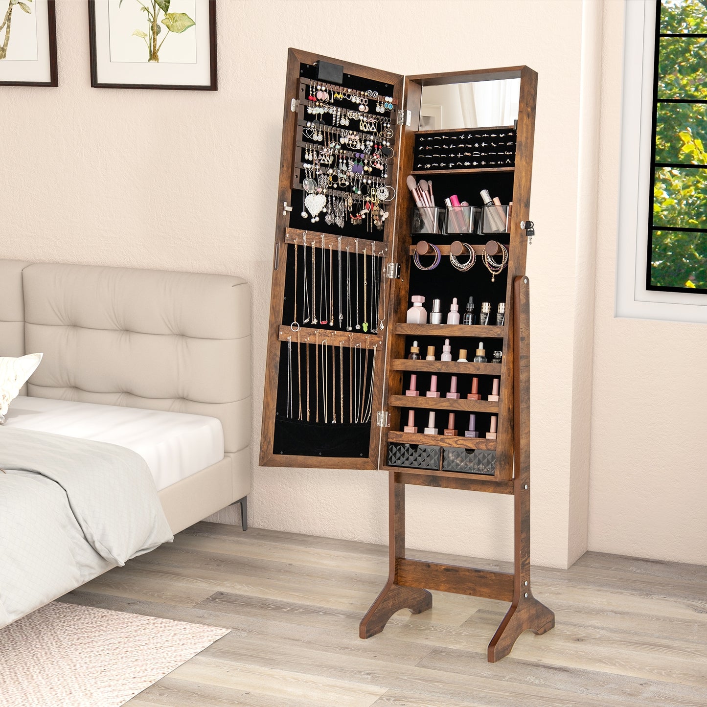 Jewelry Mirror Cabinet with 20 LED Lights, 4 Adjustable Tilt Angles, and Ample Storage – Rustic Brown