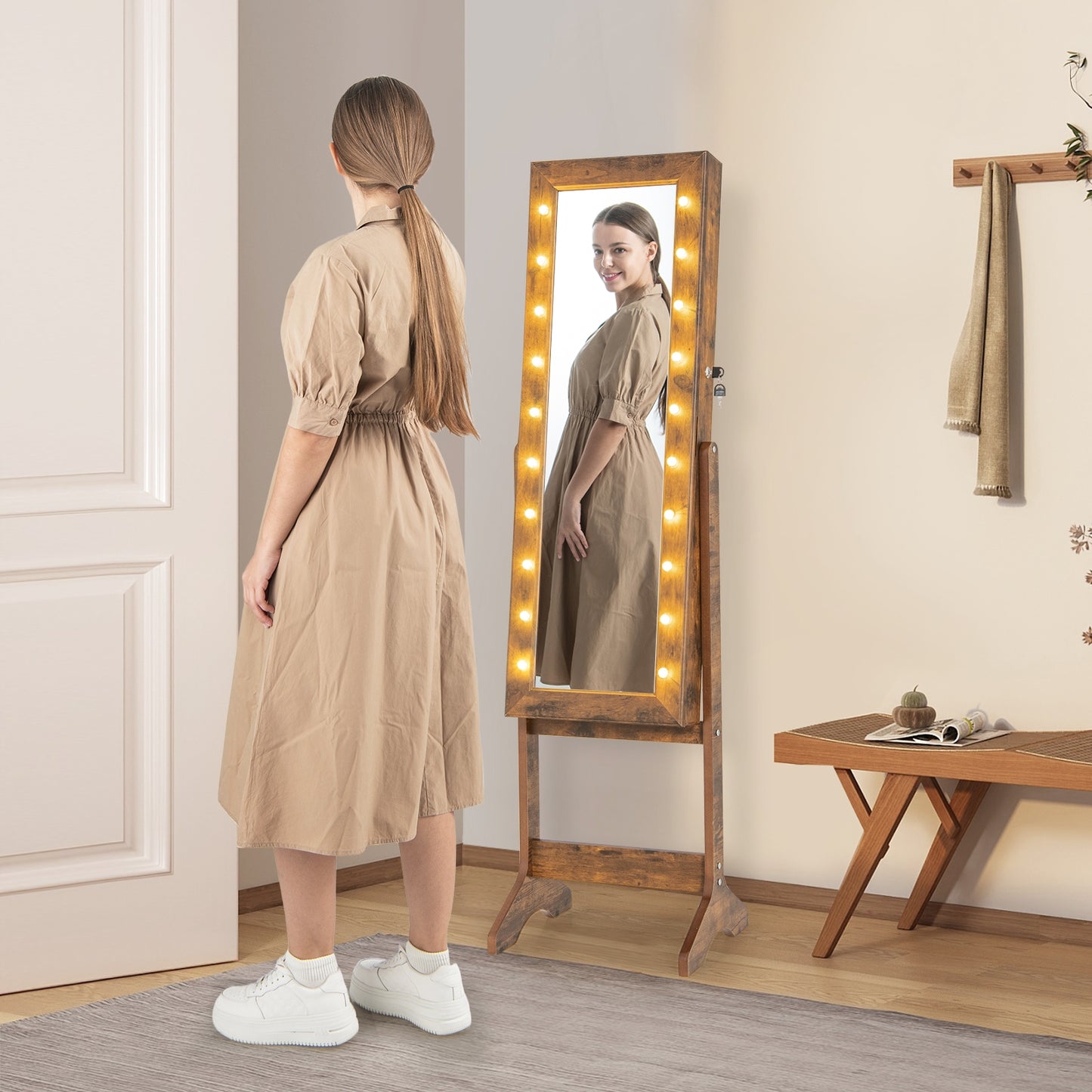 Jewelry Mirror Cabinet with 20 LED Lights, 4 Adjustable Tilt Angles, and Ample Storage – Rustic Brown