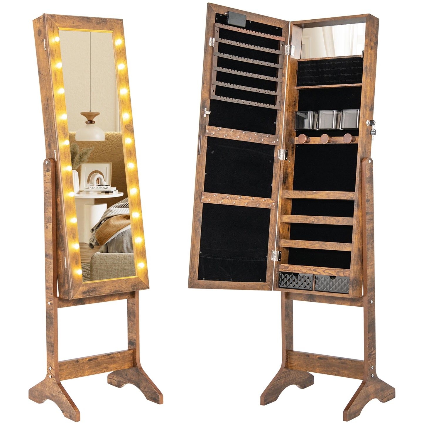 Jewelry Mirror Cabinet with 20 LED Lights, 4 Adjustable Tilt Angles, and Ample Storage – Rustic Brown