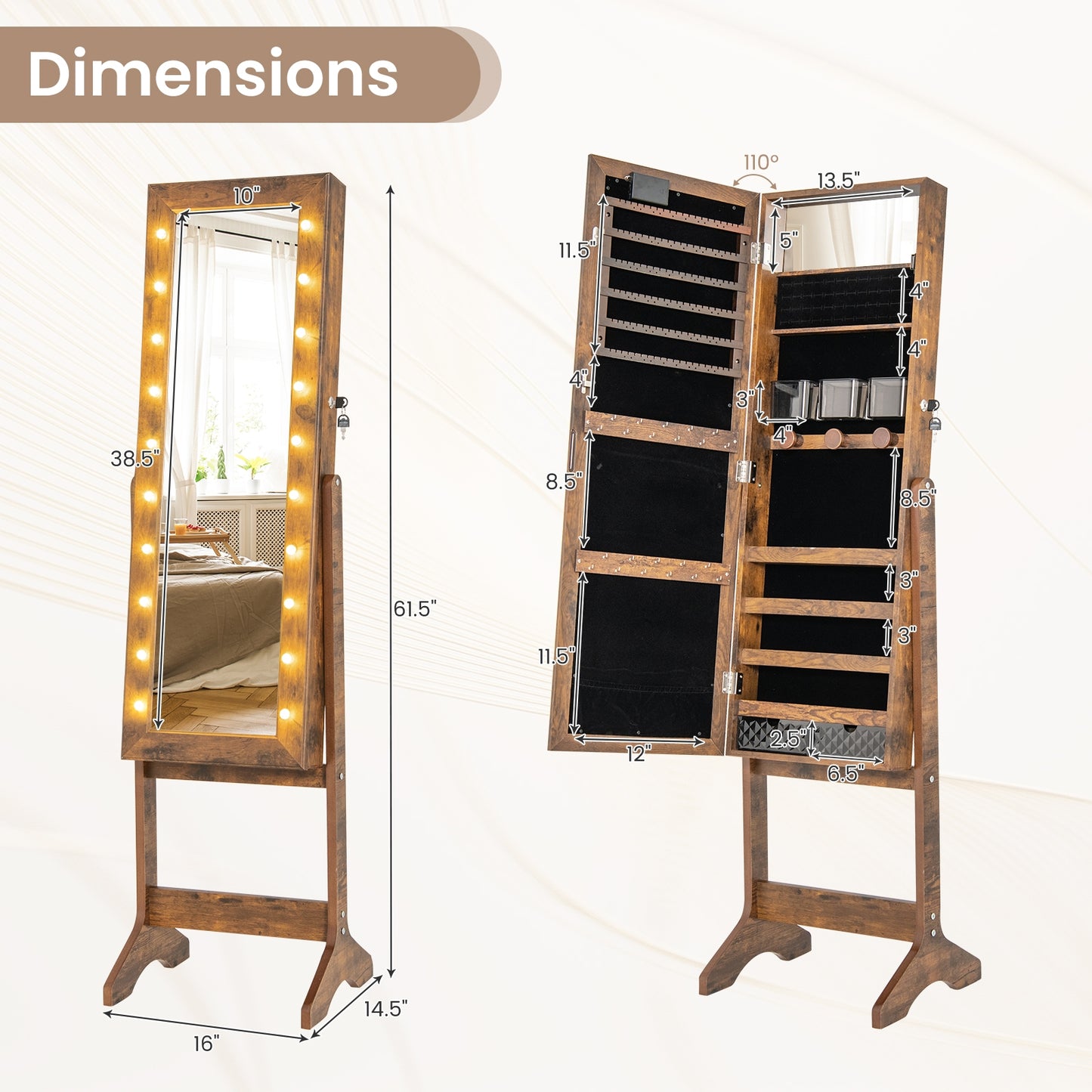 Jewelry Mirror Cabinet with 20 LED Lights, 4 Adjustable Tilt Angles, and Ample Storage – Rustic Brown