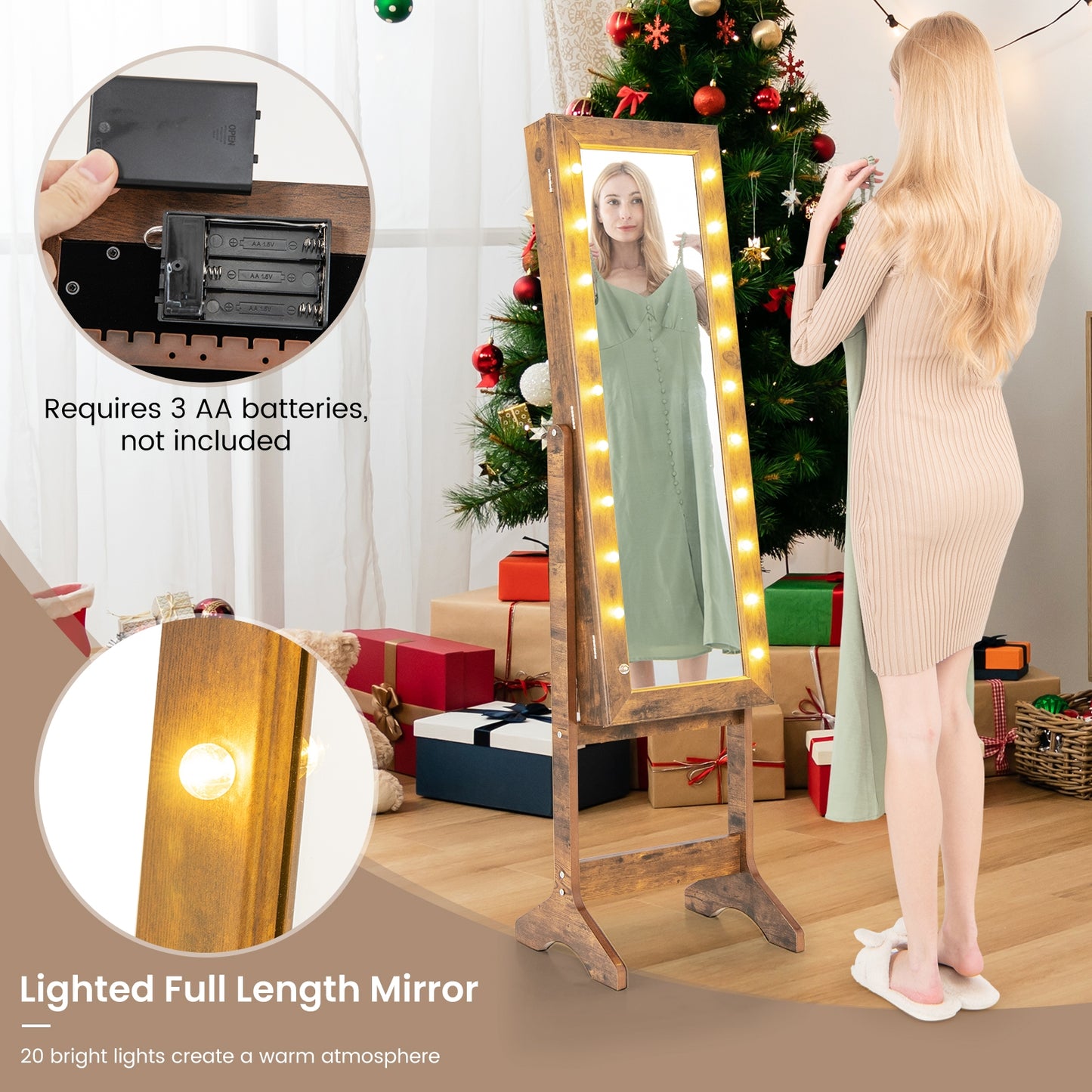 Jewelry Mirror Cabinet with 20 LED Lights, 4 Adjustable Tilt Angles, and Ample Storage – Rustic Brown