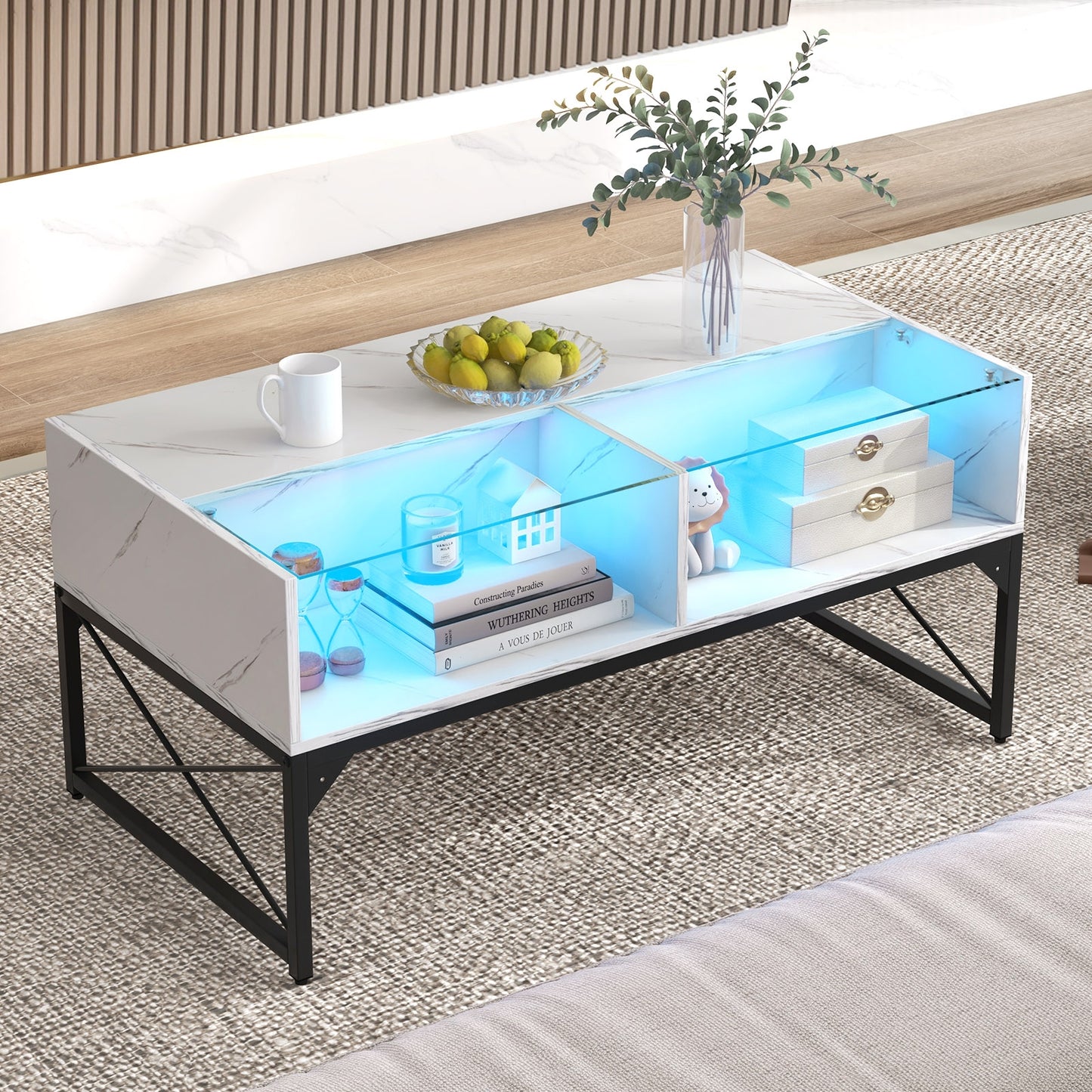 Modern LED Coffee Table with Faux Marble and Tempered Glass Top in White