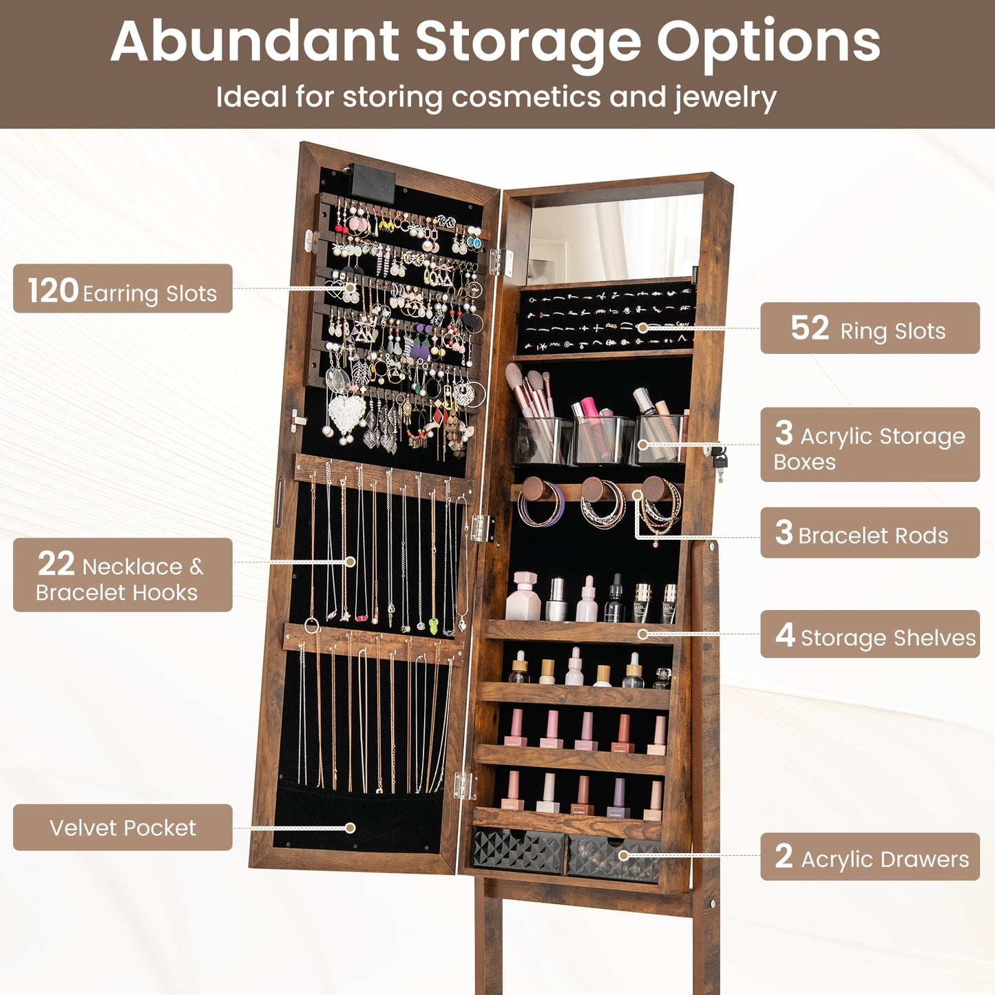 Jewelry Mirror Cabinet with 20 LED Lights, 4 Adjustable Tilt Angles, and Ample Storage – Rustic Brown