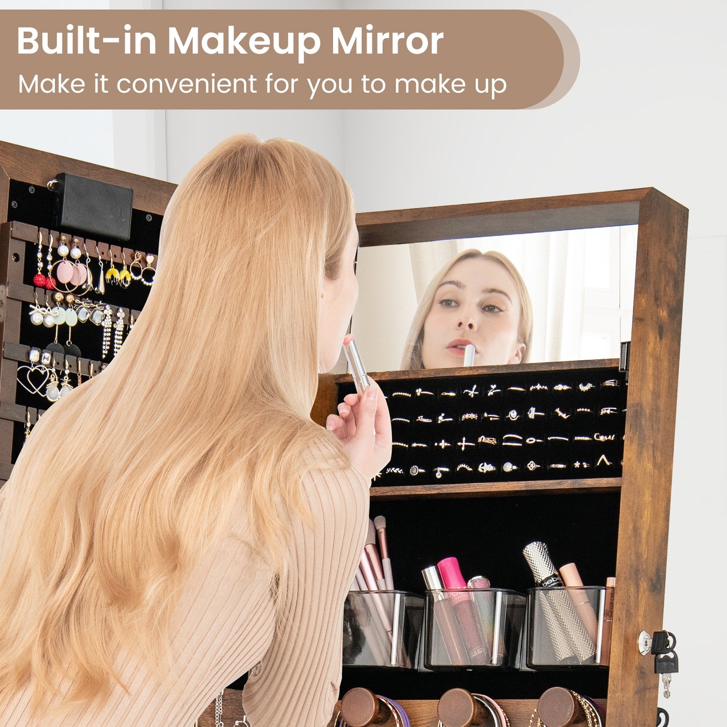 Jewelry Mirror Cabinet with 20 LED Lights, 4 Adjustable Tilt Angles, and Ample Storage – Rustic Brown