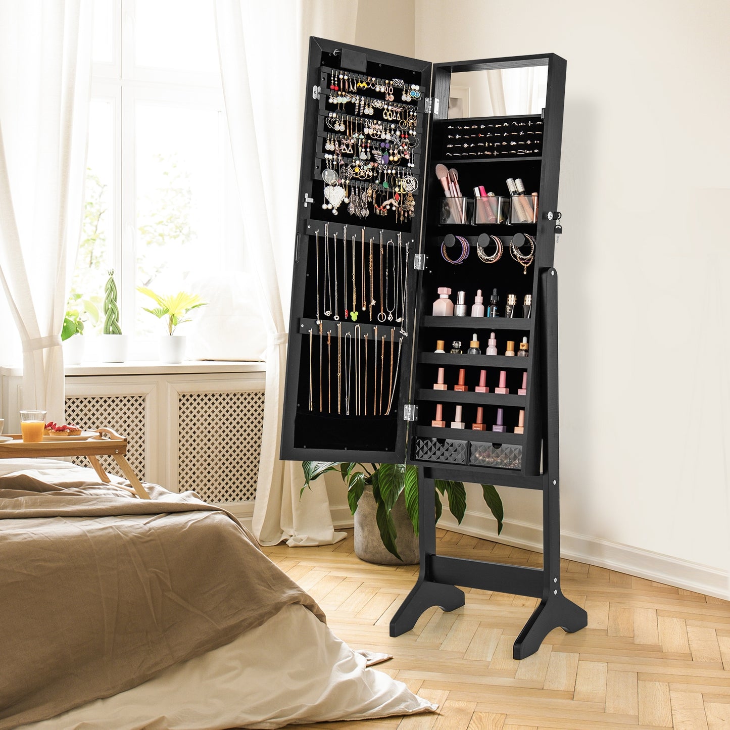 Jewelry Mirror Cabinet with 20 LED Lights, 4 Adjustable Tilt Angles, and Ample Storage – Black