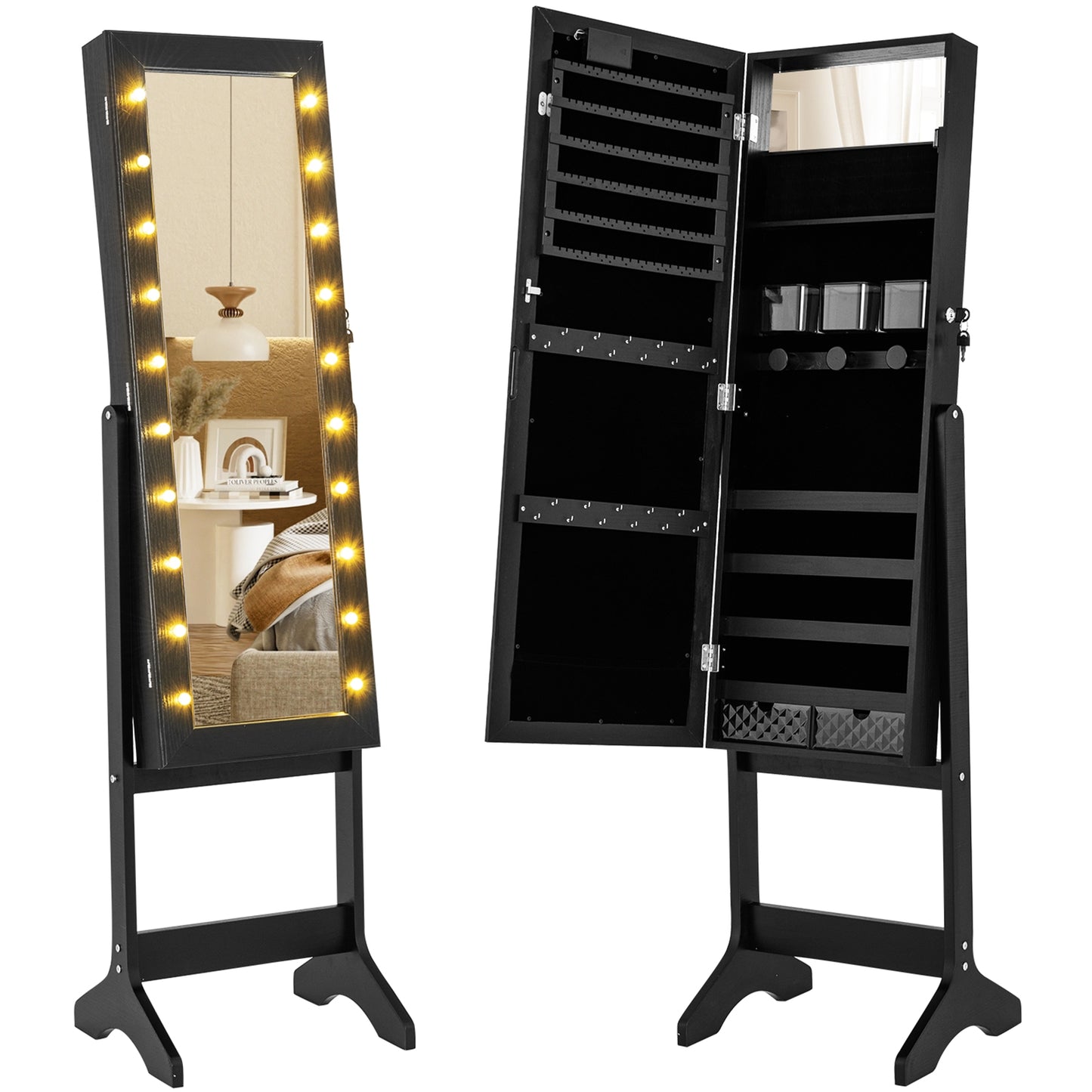 Jewelry Mirror Cabinet with 20 LED Lights, 4 Adjustable Tilt Angles, and Ample Storage – Black