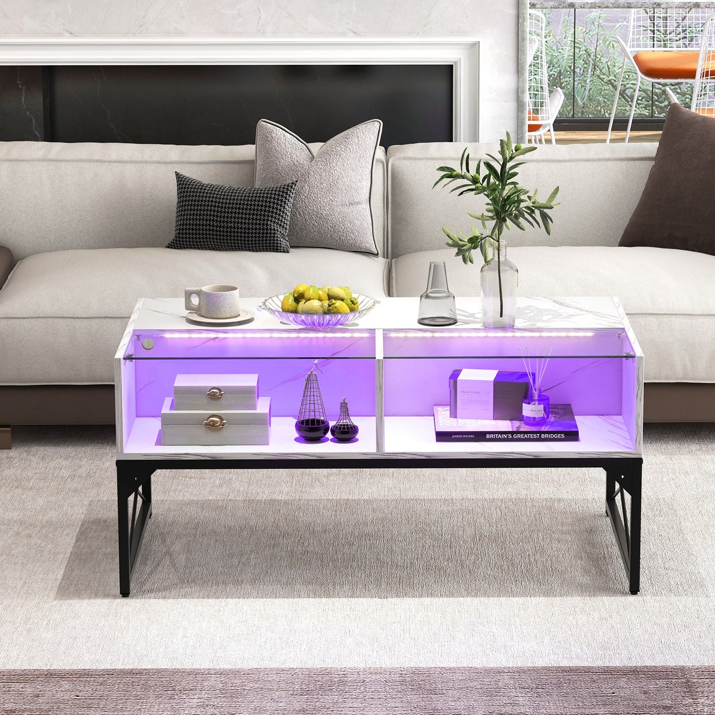Modern LED Coffee Table with Faux Marble and Tempered Glass Top in White