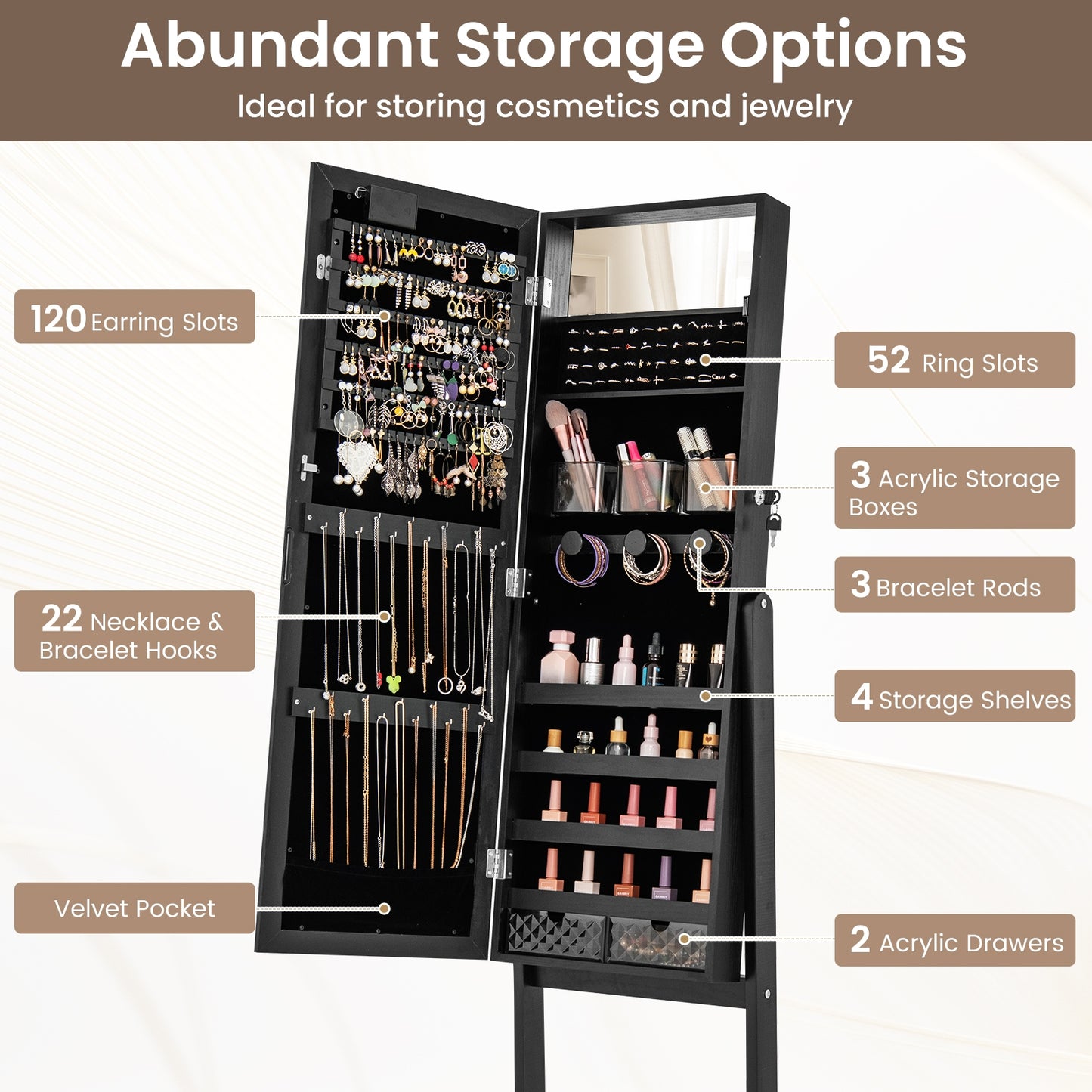 Jewelry Mirror Cabinet with 20 LED Lights, 4 Adjustable Tilt Angles, and Ample Storage – Black