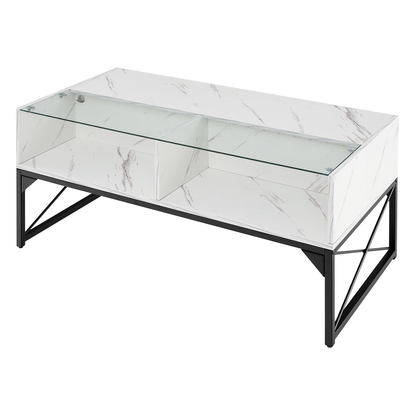 Modern LED Coffee Table with Faux Marble and Tempered Glass Top in White