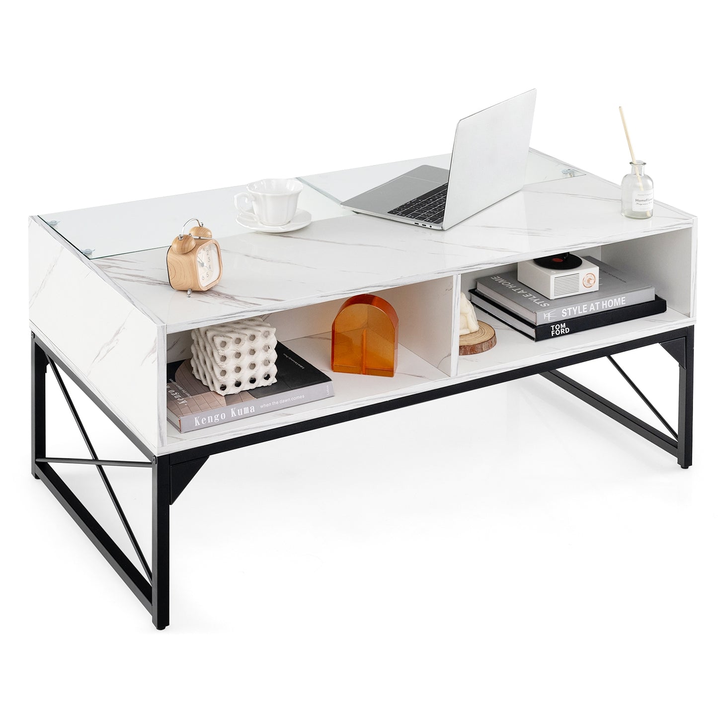 Modern LED Coffee Table with Faux Marble and Tempered Glass Top in White