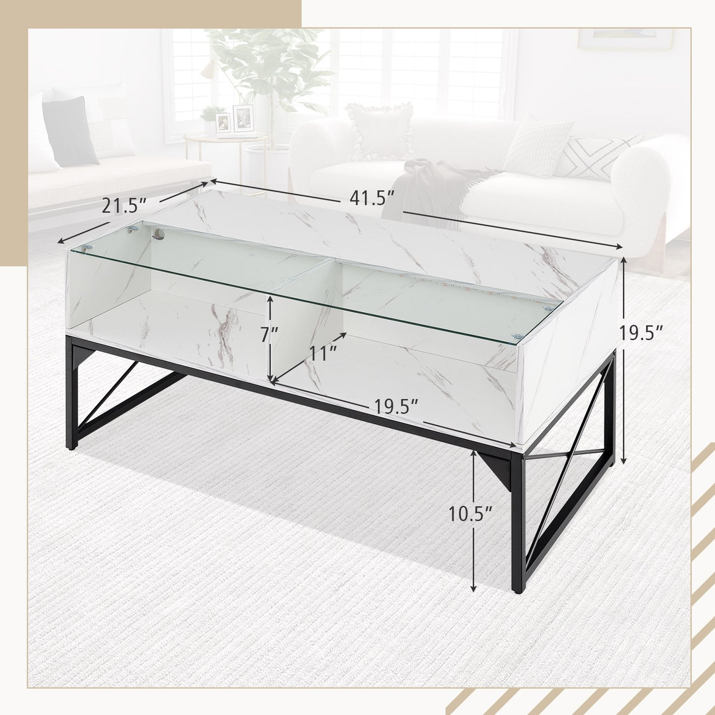 Modern LED Coffee Table with Faux Marble and Tempered Glass Top in White