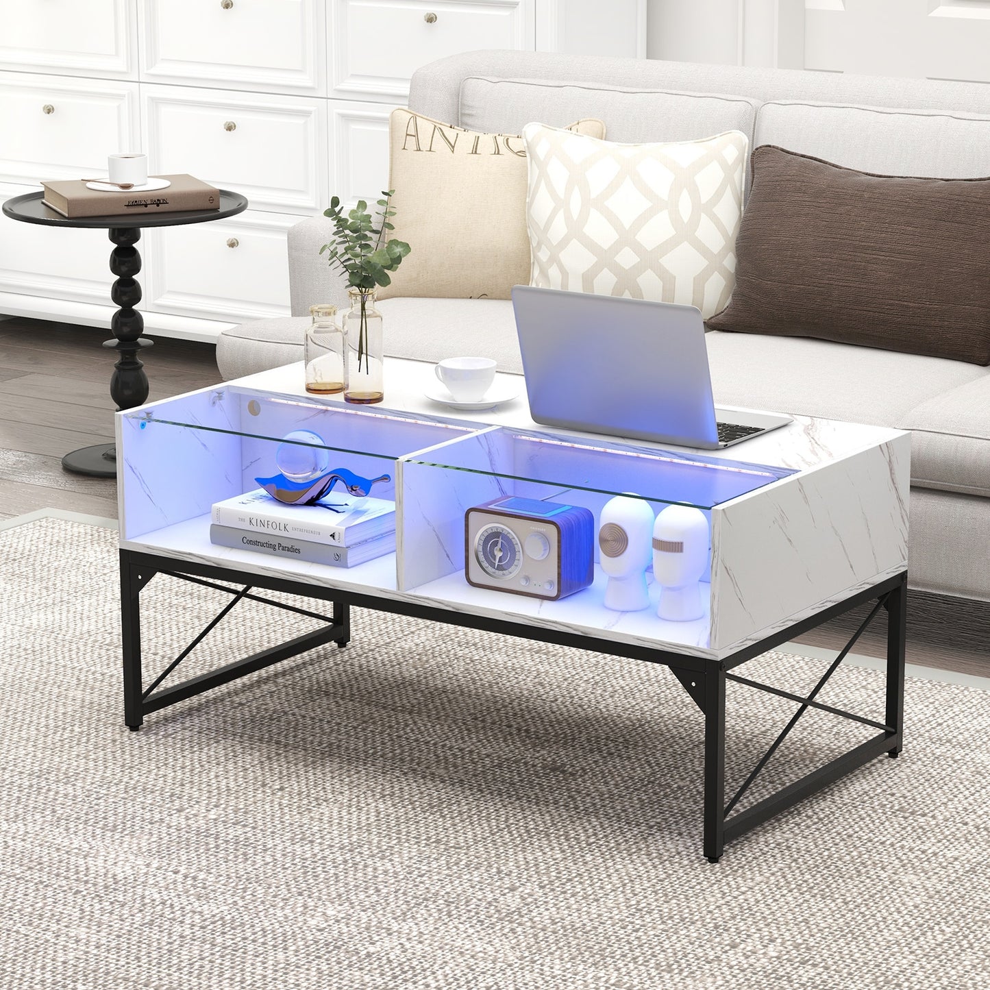 Modern LED Coffee Table with Faux Marble and Tempered Glass Top in White