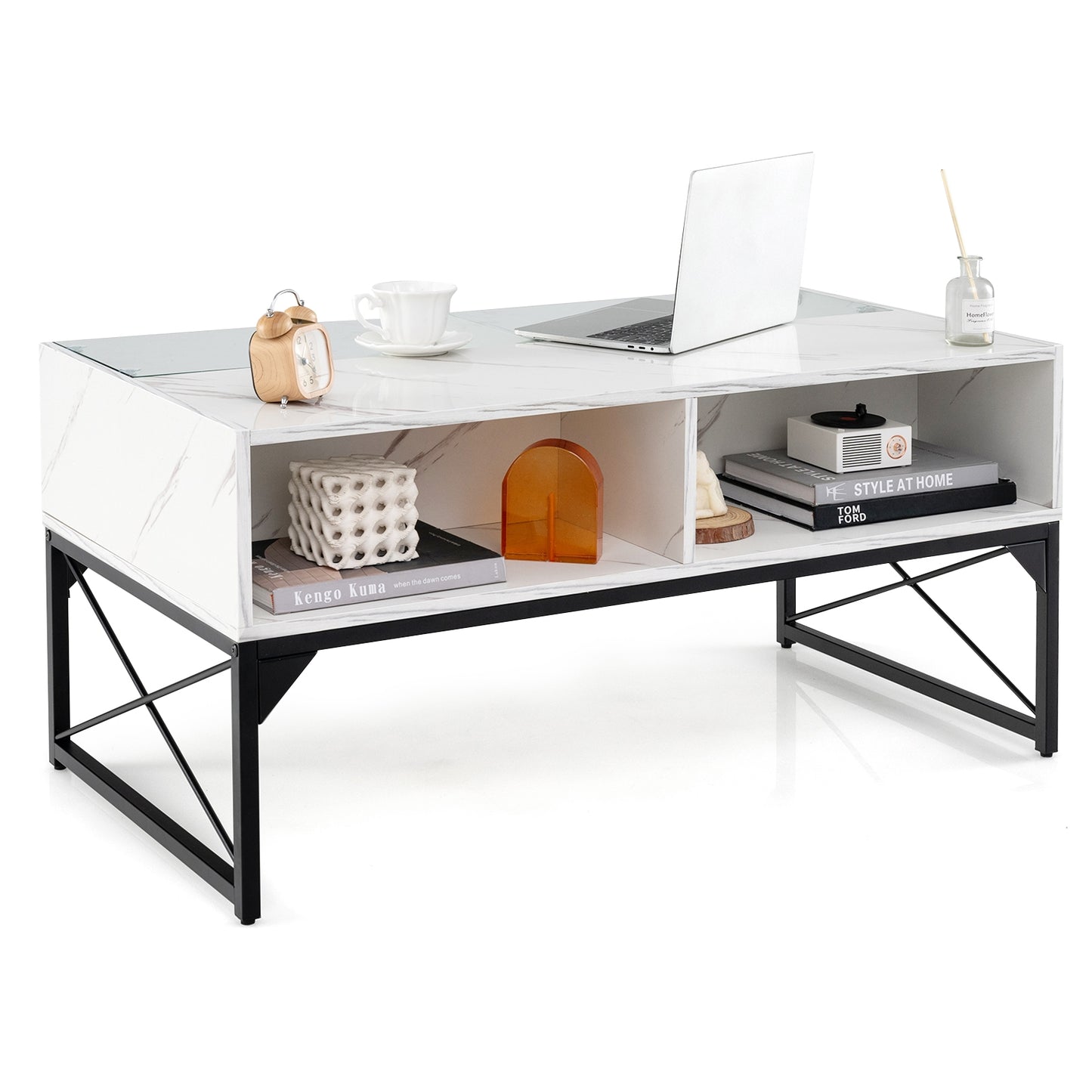 Modern LED Coffee Table with Faux Marble and Tempered Glass Top in White