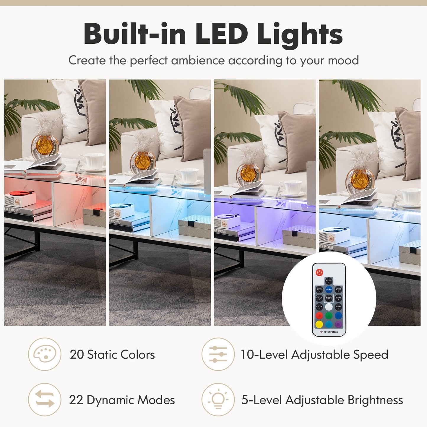 Modern LED Coffee Table with Faux Marble and Tempered Glass Top in White
