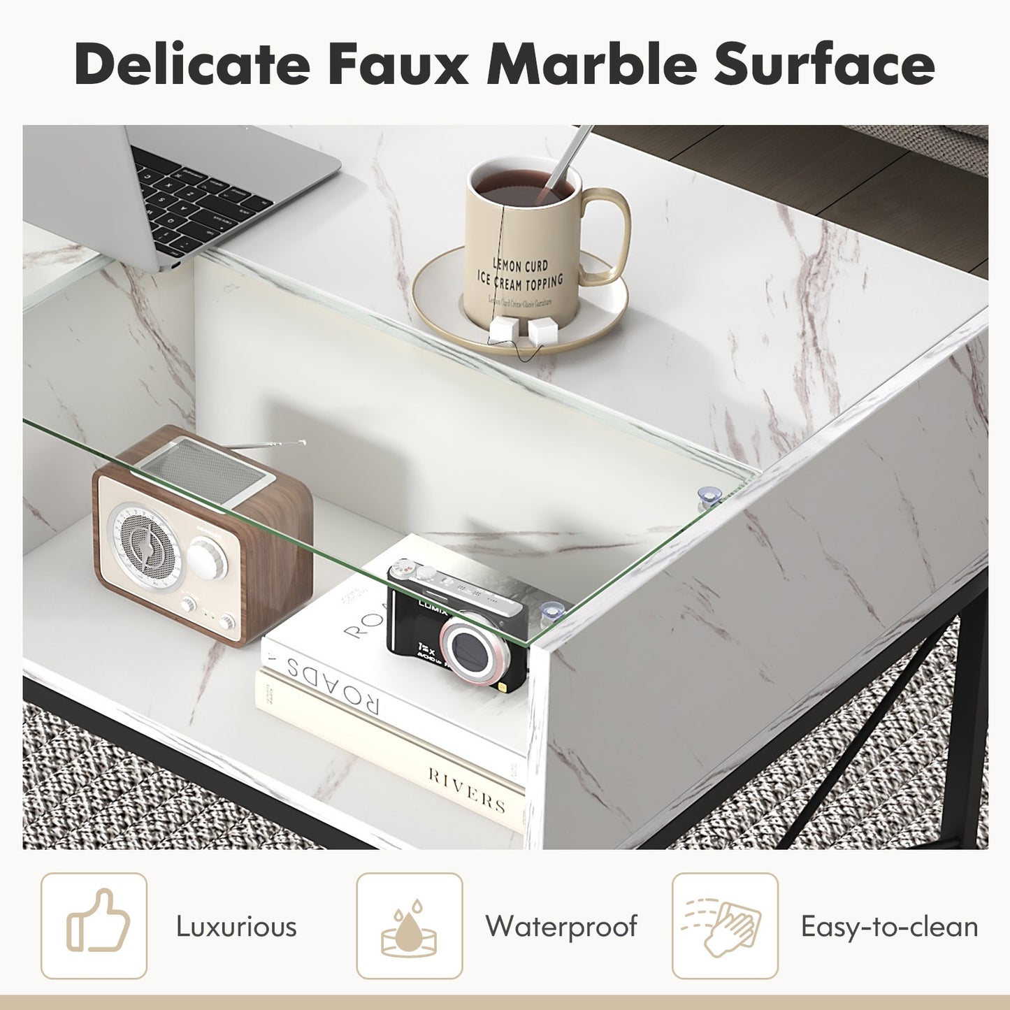 Modern LED Coffee Table with Faux Marble and Tempered Glass Top in White