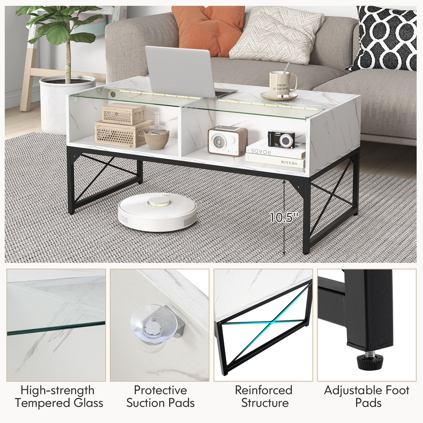Modern LED Coffee Table with Faux Marble and Tempered Glass Top in White