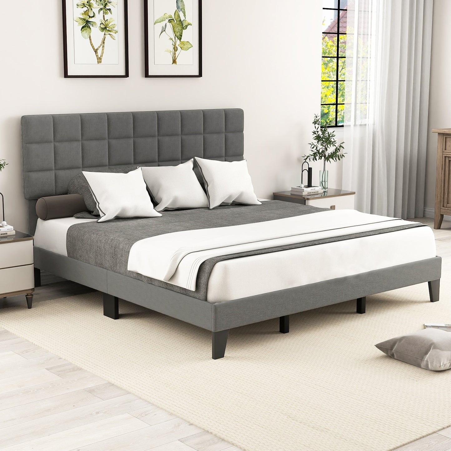 Modern Upholstered Linen Platform Bed Frame with Adjustable Headboard and Wood Slat Support – King Size