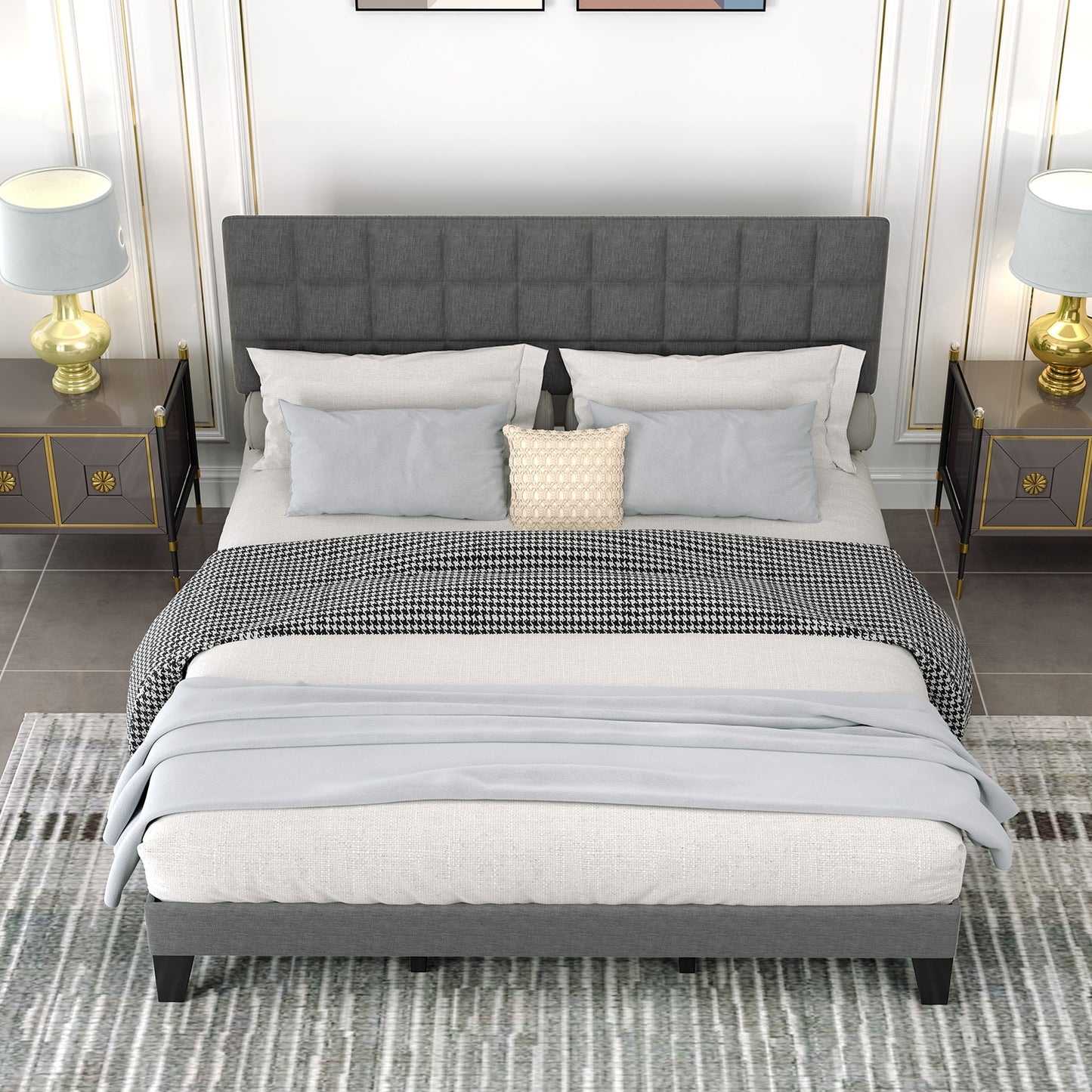 Modern Upholstered Linen Platform Bed Frame with Adjustable Headboard and Wood Slat Support – King Size