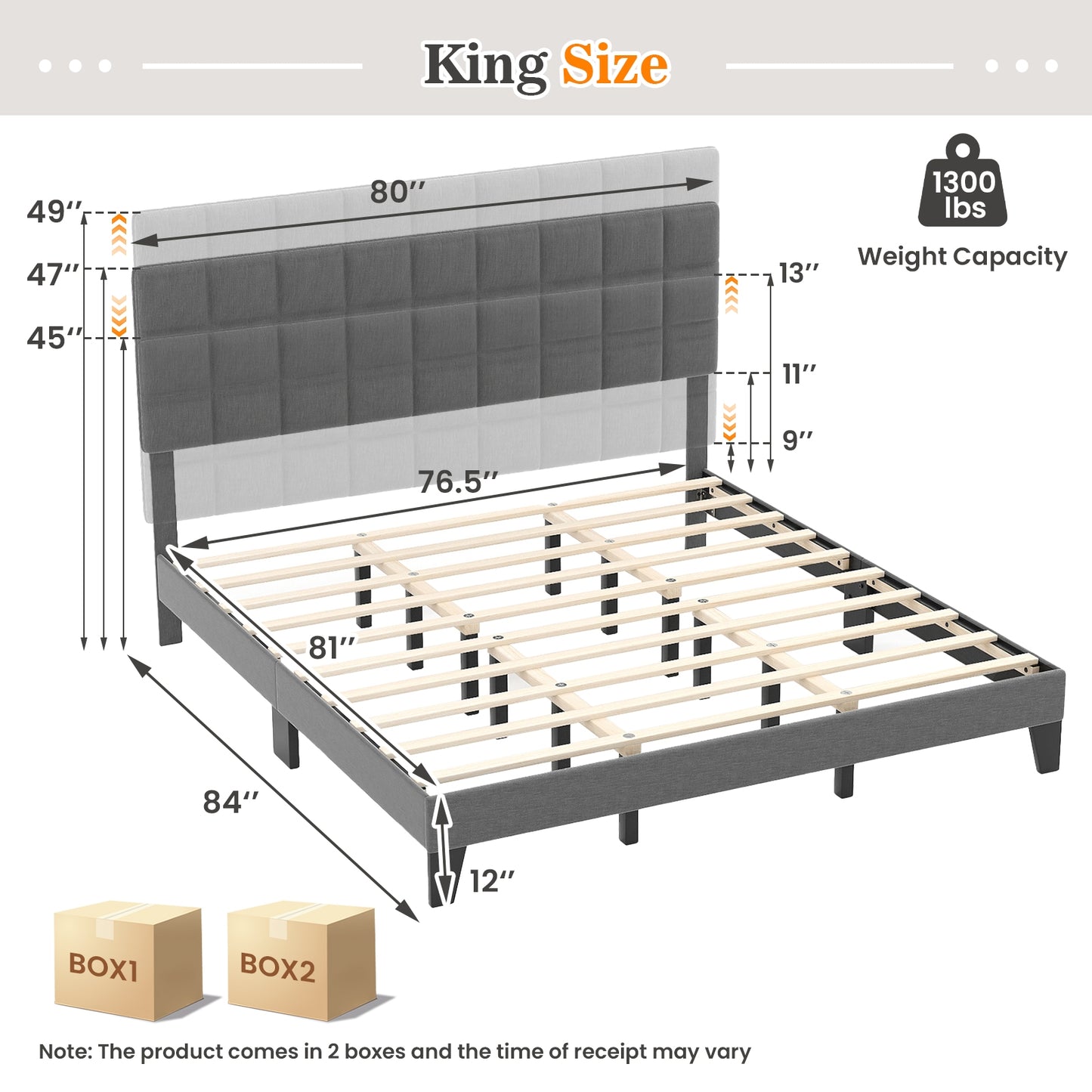 Modern Upholstered Linen Platform Bed Frame with Adjustable Headboard and Wood Slat Support – King Size