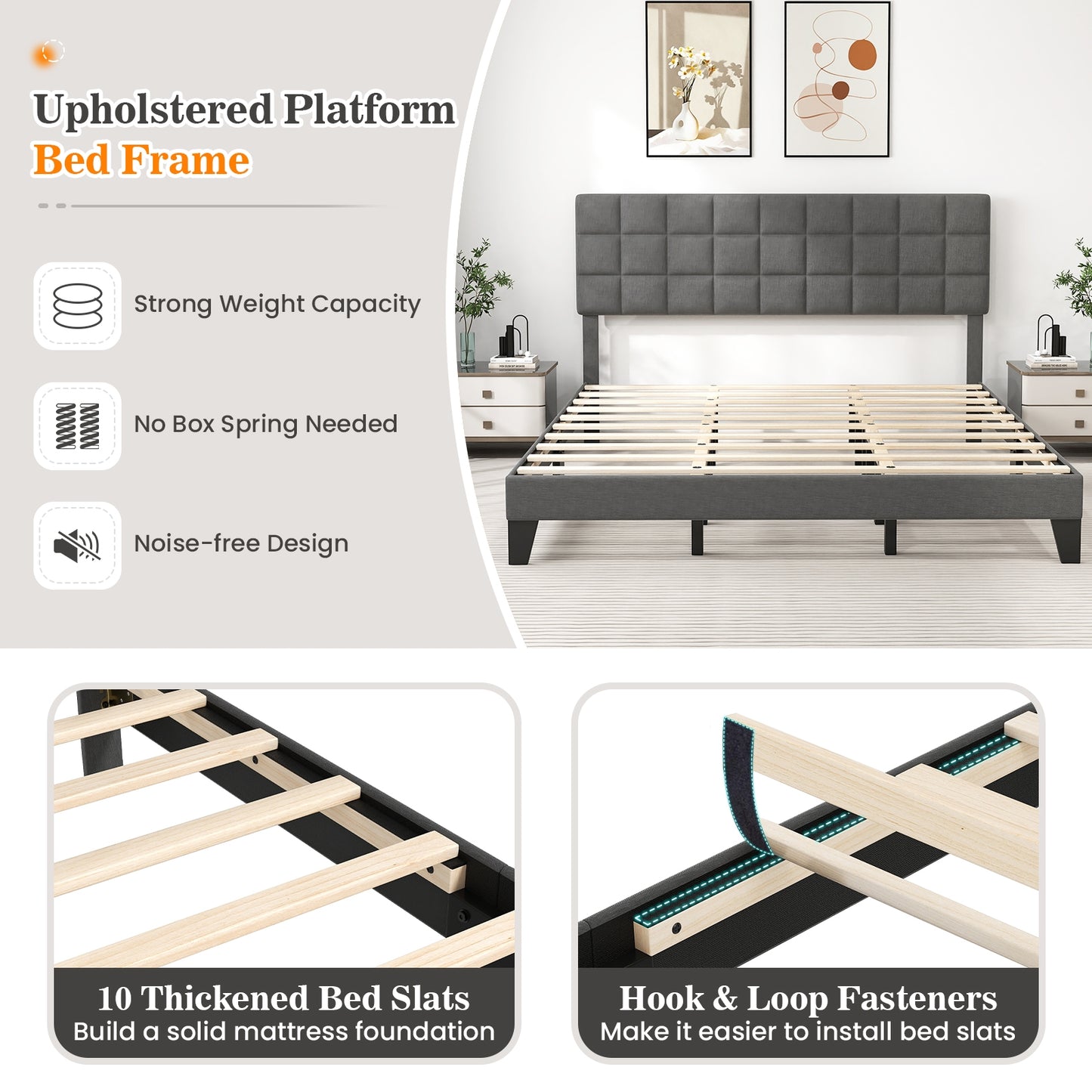 Modern Upholstered Linen Platform Bed Frame with Adjustable Headboard and Wood Slat Support – King Size