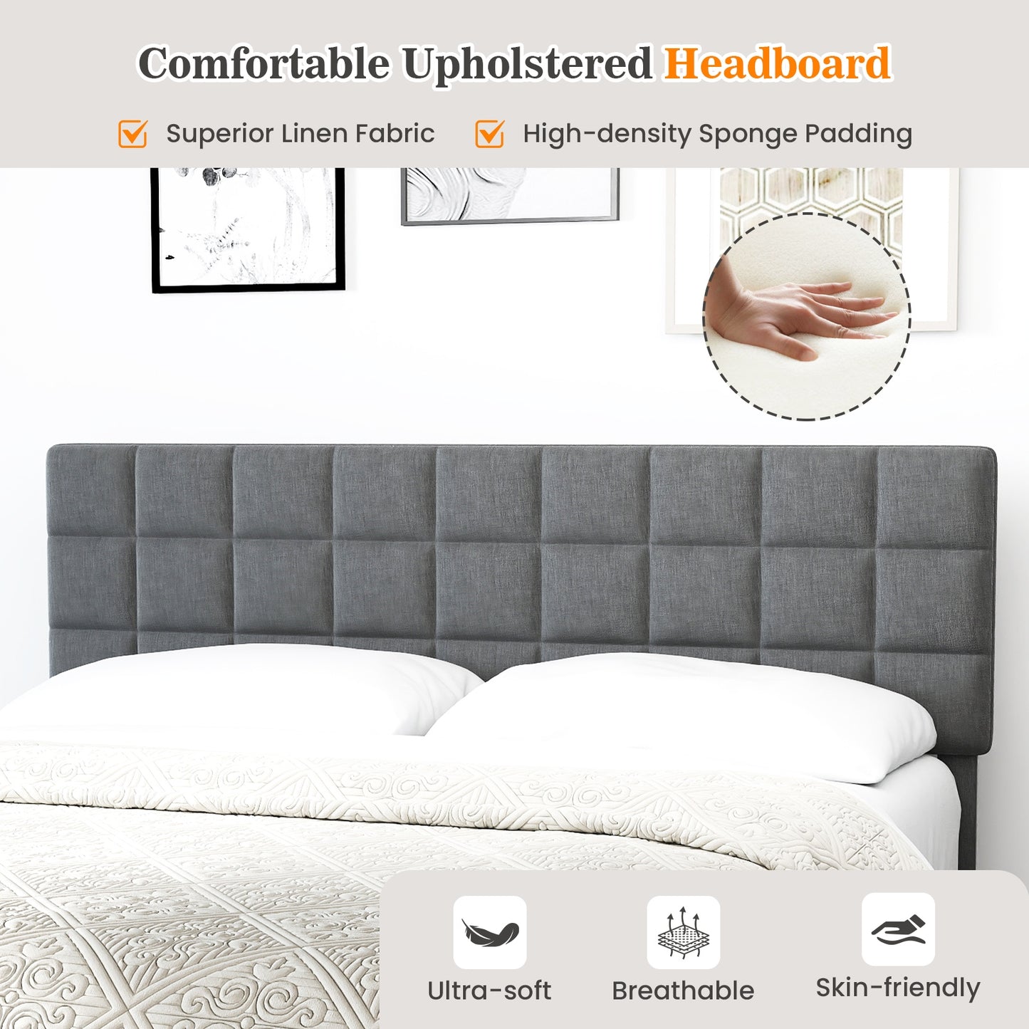 Modern Upholstered Linen Platform Bed Frame with Adjustable Headboard and Wood Slat Support – King Size
