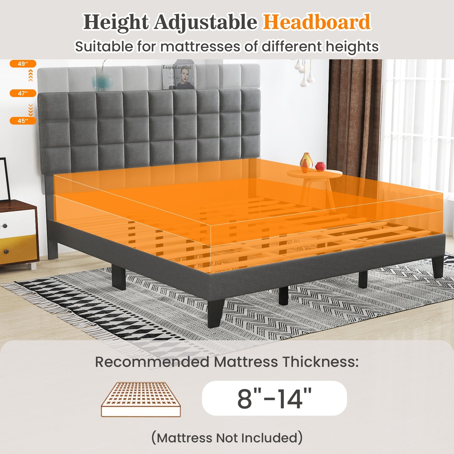 Modern Upholstered Linen Platform Bed Frame with Adjustable Headboard and Wood Slat Support – King Size