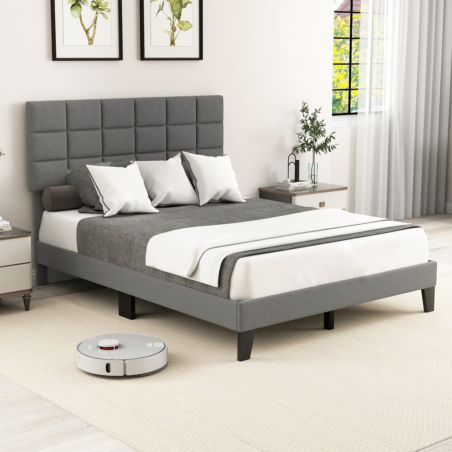 Modern Upholstered Linen Platform Bed Frame with Adjustable Headboard and Wood Slat Support – Queen Size