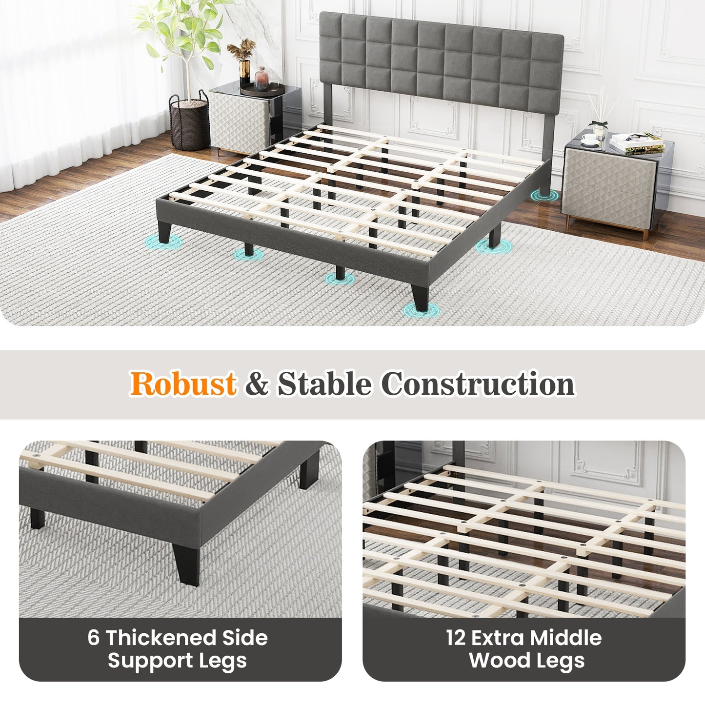 Modern Upholstered Linen Platform Bed Frame with Adjustable Headboard and Wood Slat Support – King Size