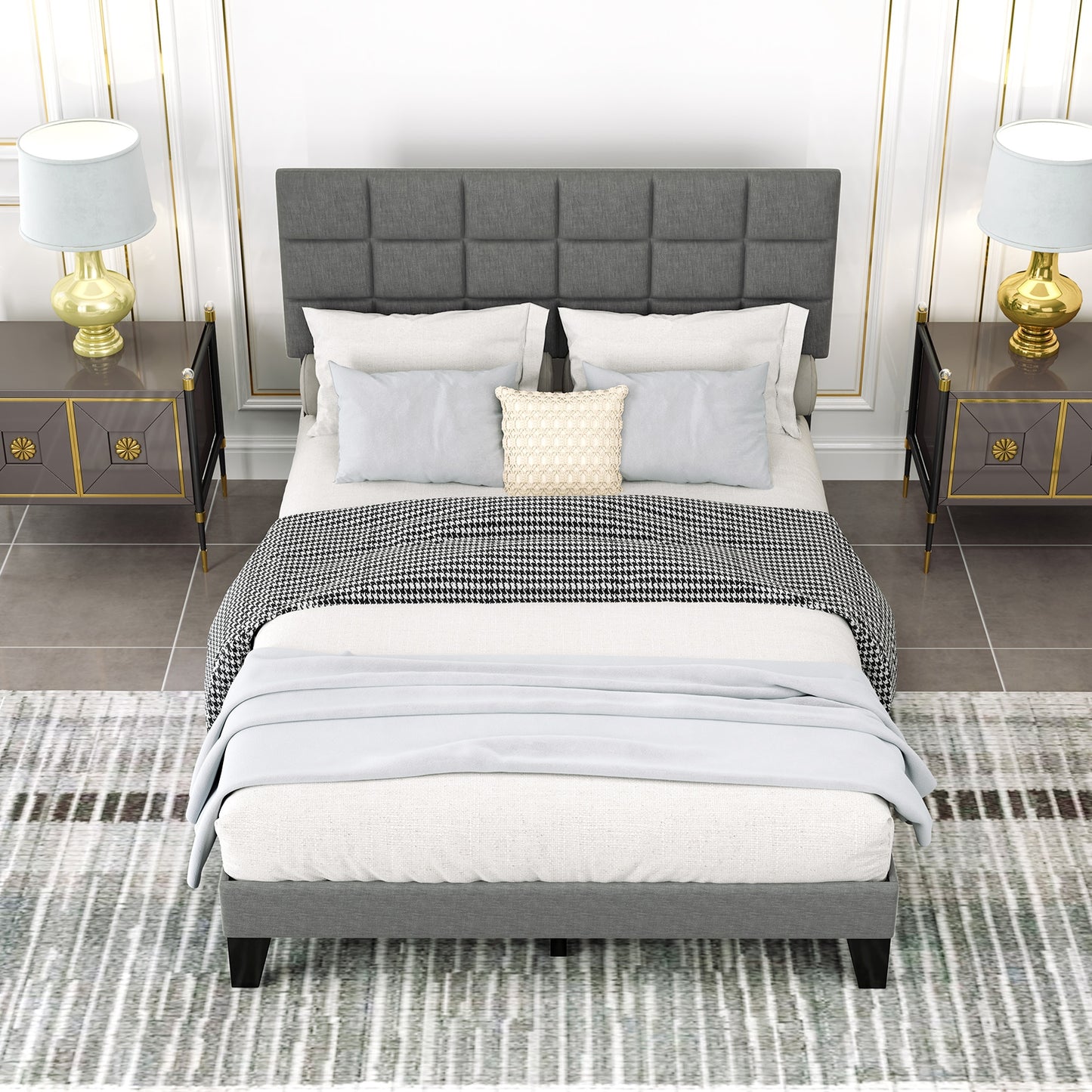 Modern Upholstered Linen Platform Bed Frame with Adjustable Headboard and Wood Slat Support – Queen Size