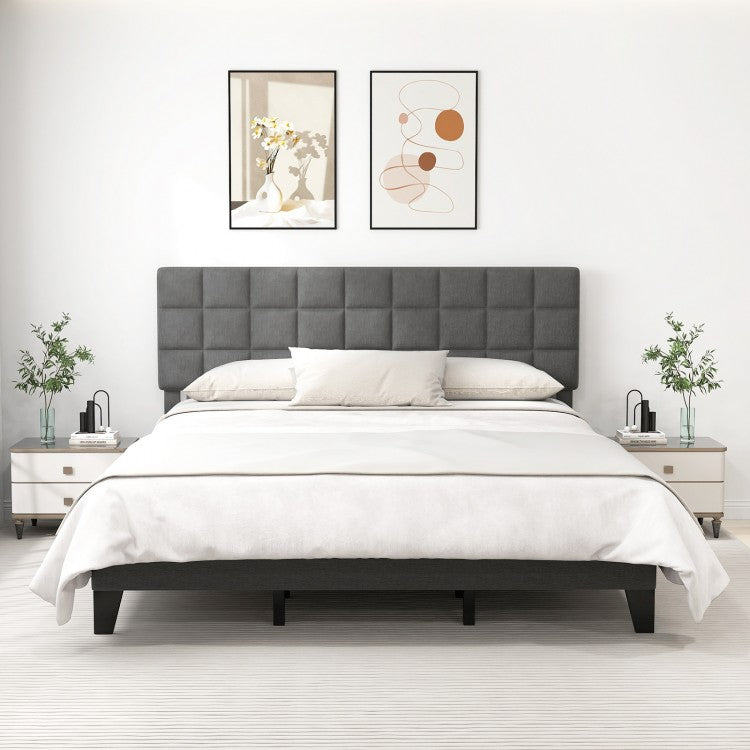 Modern Upholstered Linen Platform Bed Frame with Adjustable Headboard and Wood Slat Support – King Size