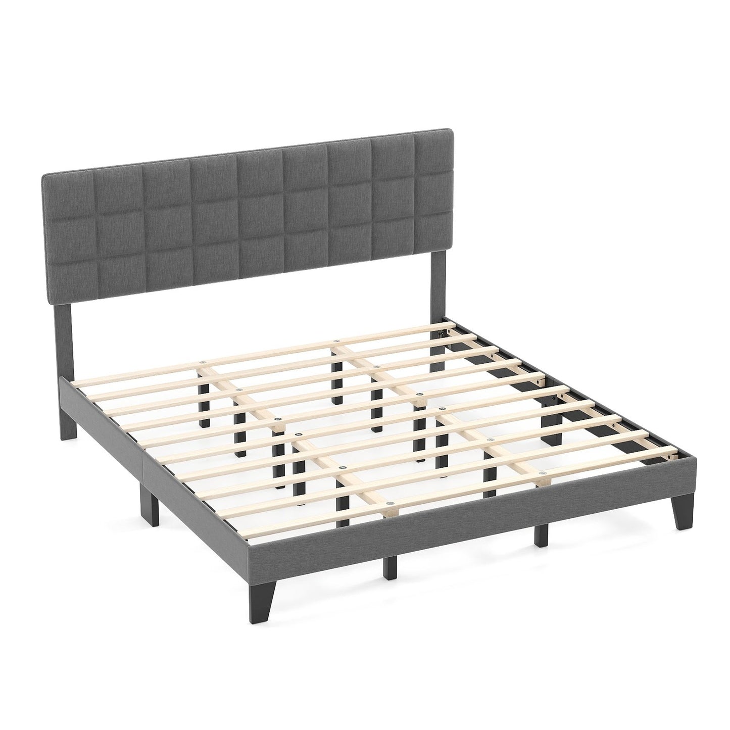Modern Upholstered Linen Platform Bed Frame with Adjustable Headboard and Wood Slat Support – Queen Size
